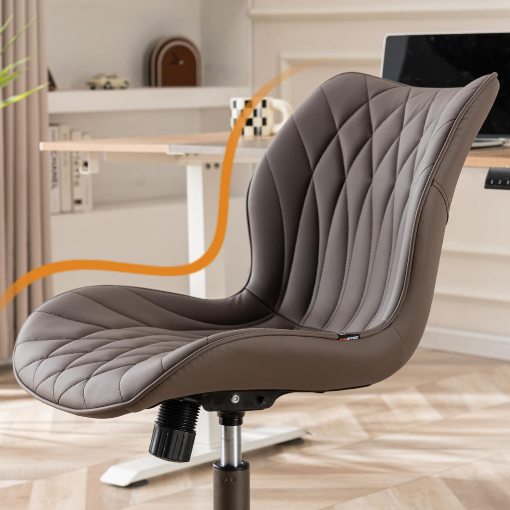 Armless Desk Chair Comfy Office Chair with Wheels Home Ergonomic Task Chair Adjustable Computer Chairs Modern Faux Leather Swivel Chair Upholstered Makeup Vanity Chair with Back(Brown)