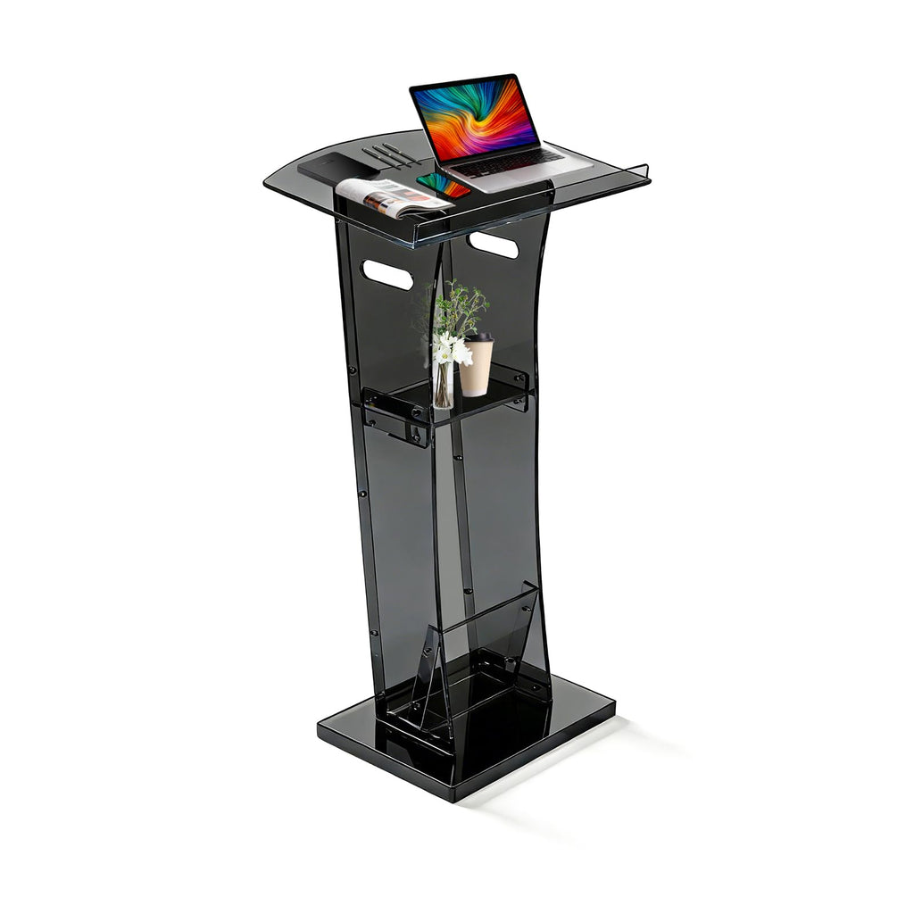 43" Semi-Transparent Black Acrylic Podium & Lectern Stand Portable with Storage Shelf, pulpits for Churches, for Speech, for Presentation, Shtender