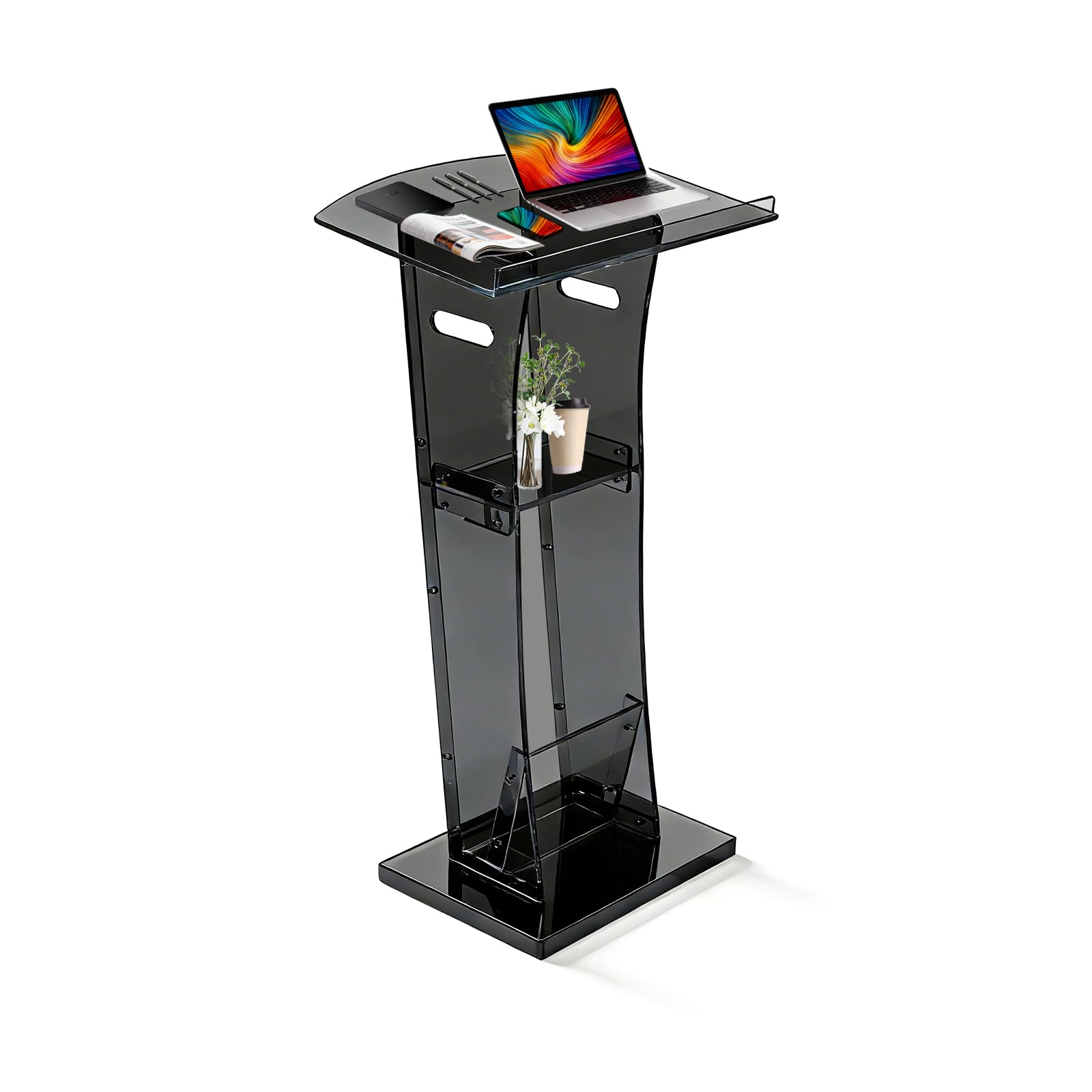 43" Semi-Transparent Black Acrylic Podium & Lectern Stand Portable with Storage Shelf, pulpits for Churches, for Speech, for Presentation, Shtender