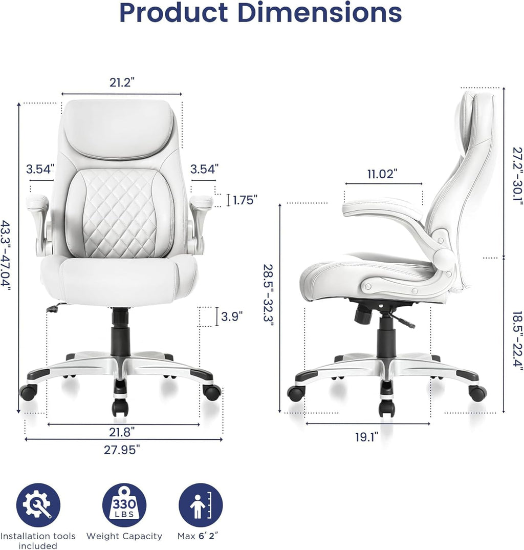 Nouhaus Ergonomic Office Chair Premium Leather Adjustable Lumbar Support & Armrests, High Back Comfy Desk Gaming Chairs Executive Computer Swivel Chair Tilt Function(Posture,White)
