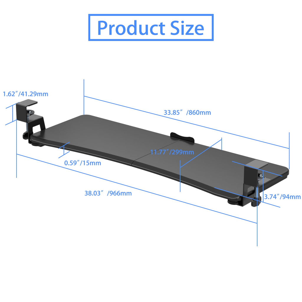 Large Keyboard Tray Under Desk Pull Out with C Clamp Mount, Computer Keyboard & Mouse Tray, 34 (38 Including Clamps) x 11.8 inch Slide-Out Platform Computer Drawer for Typing, Black,