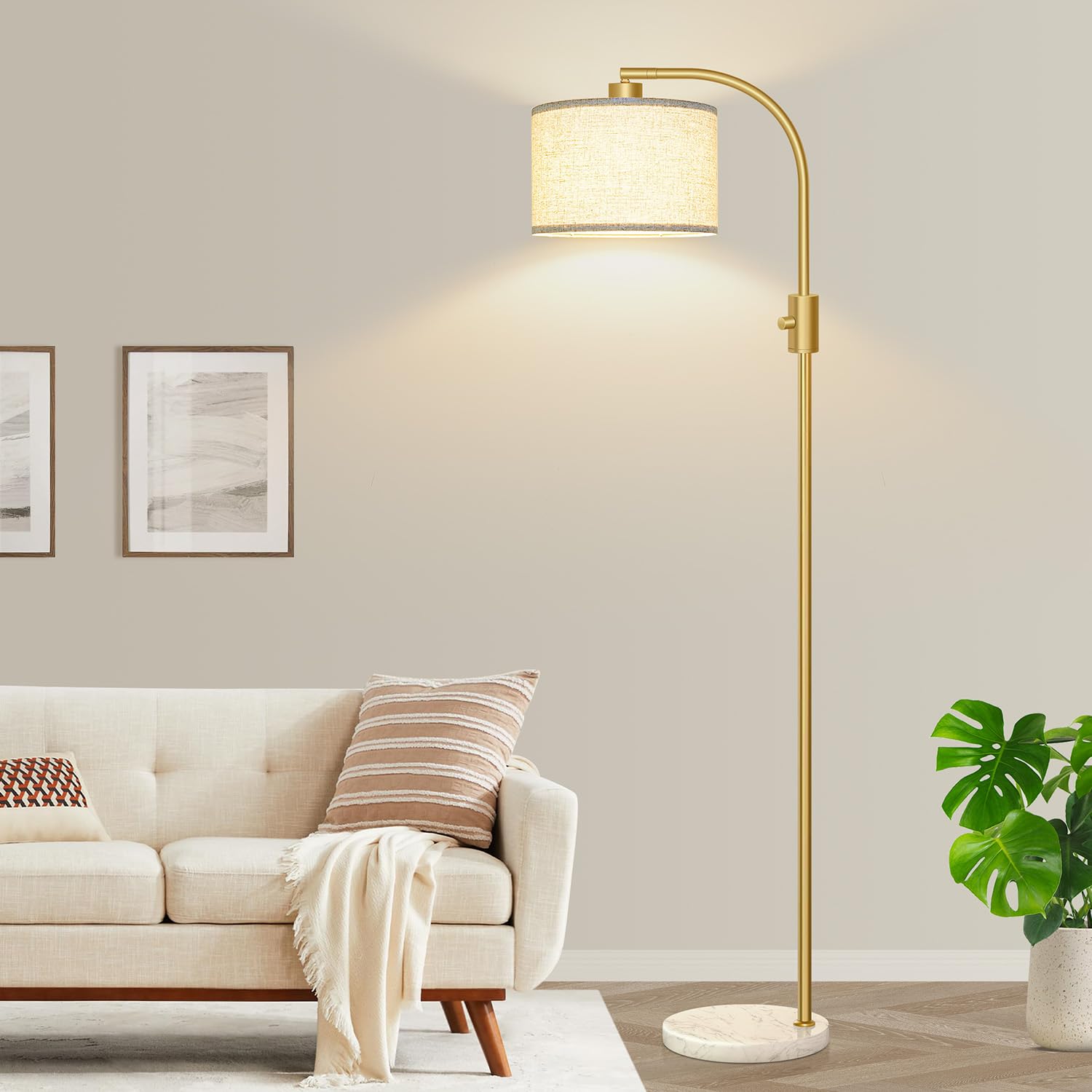 Upgraded Modern Arc Dimmable Tall Standing Floor Lamp with Marble Base & Linen Shade, 1200 Lumens LED Bulb Included, for Living & Reading Room, Bedroom, Office & Nursery, Gold