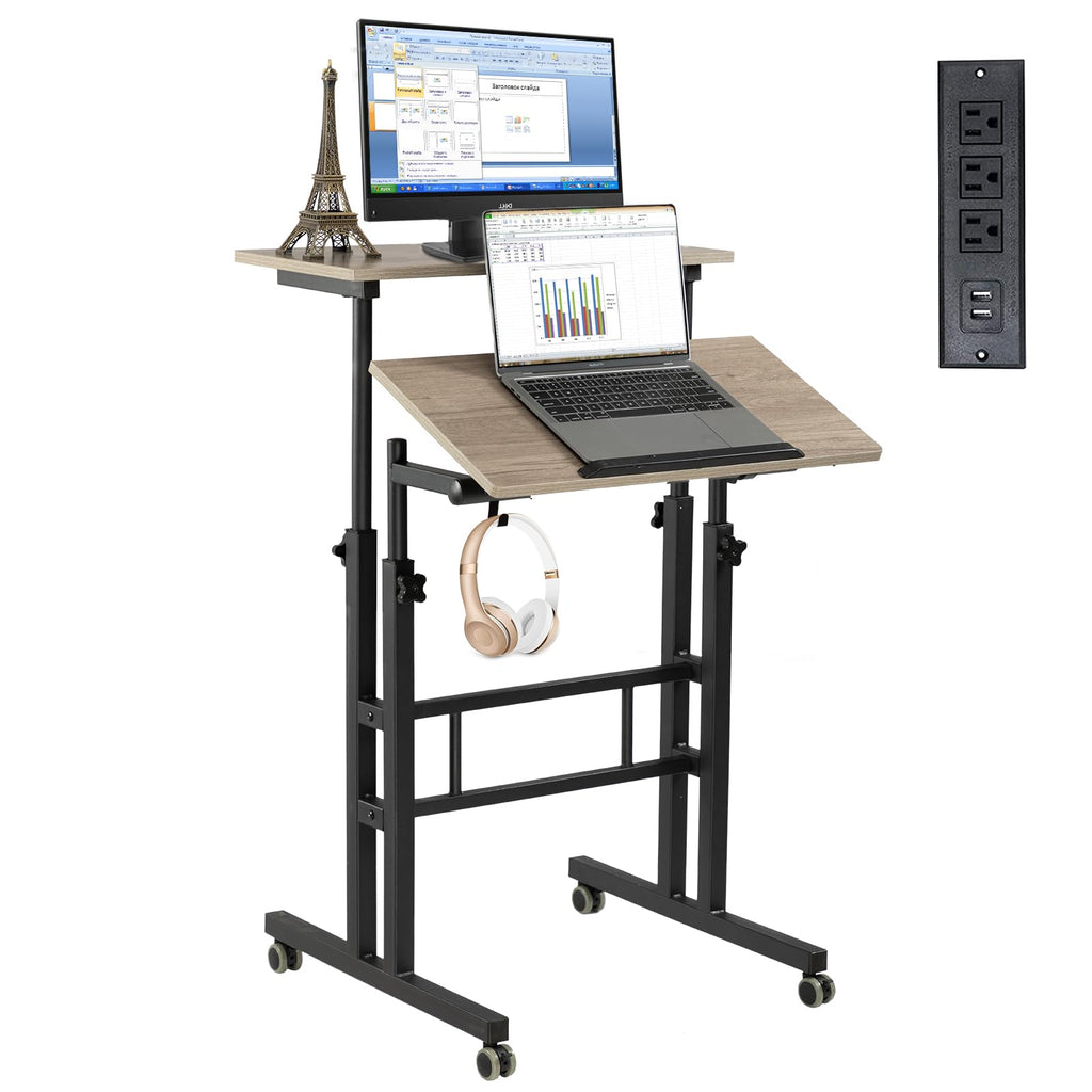 Mobile Standing Desk with Charging Station, Adjustable Standing Computer Desk, Standing Adjustable Laptop Cart with Wheels for Home Office Classroom Light Grey