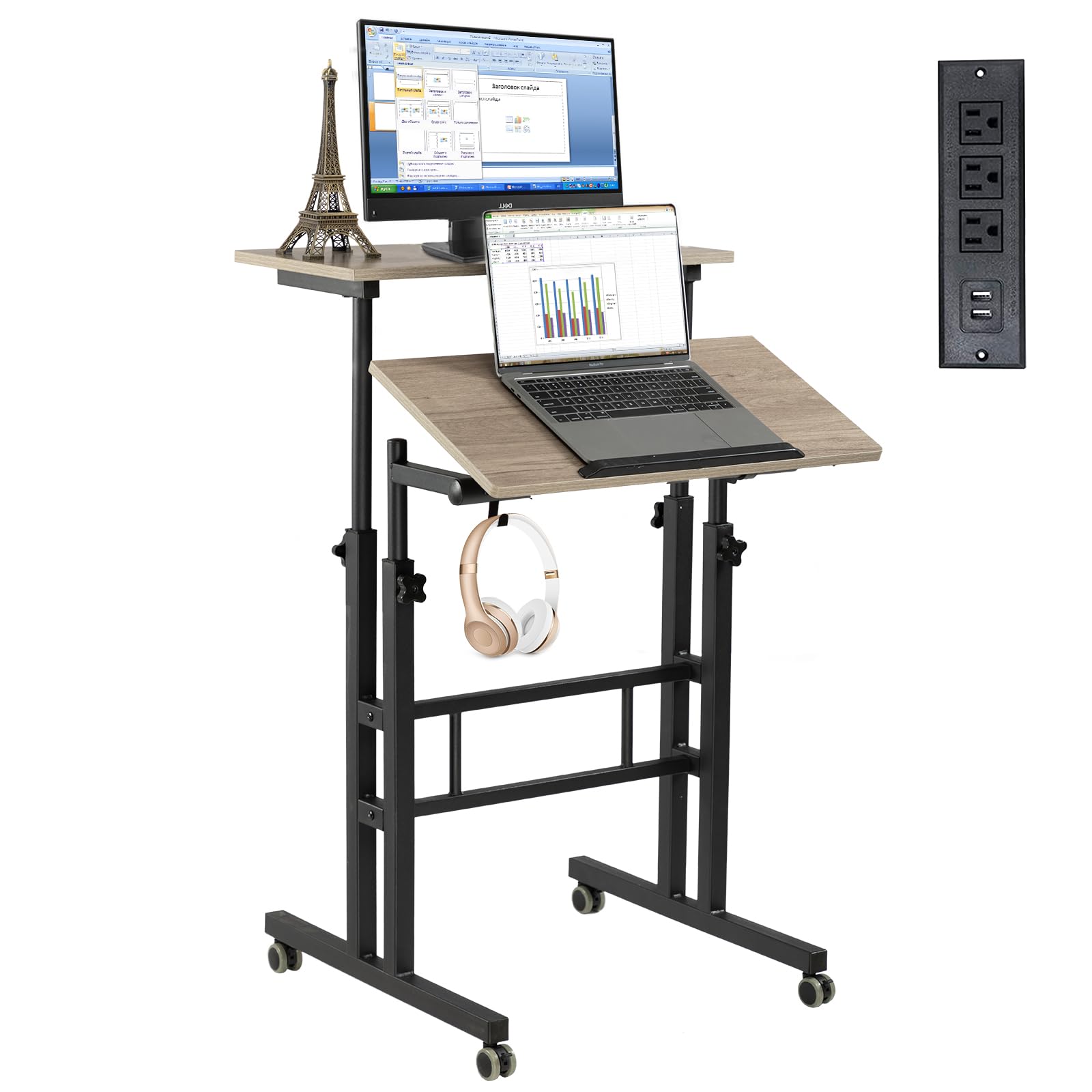 Mobile Standing Desk with Charging Station, Adjustable Standing Computer Desk, Standing Adjustable Laptop Cart with Wheels for Home Office Classroom Light Grey