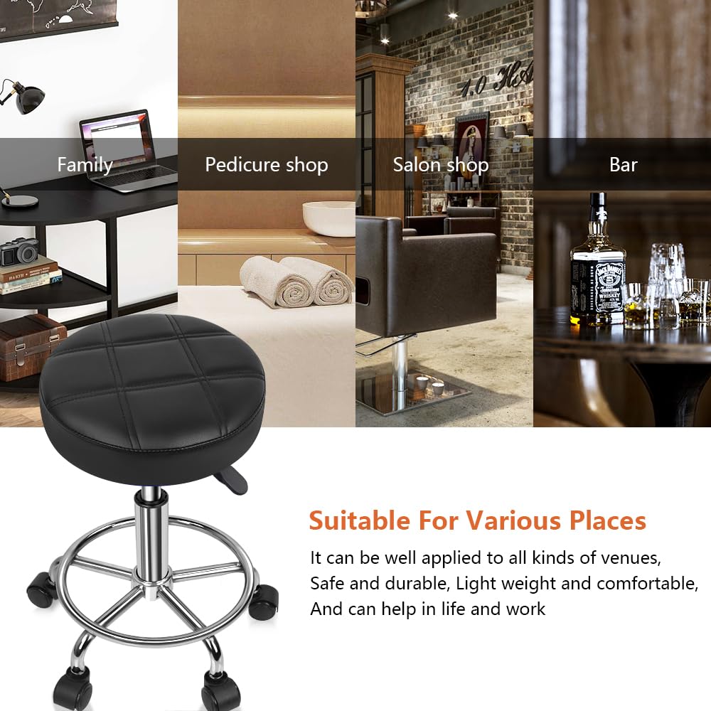 Round Rolling Stool Chair PU Leather Height Adjustable Swivel Drafting Work SPA Shop Medical Salon Stools with Wheels Office Chair Small (Black)