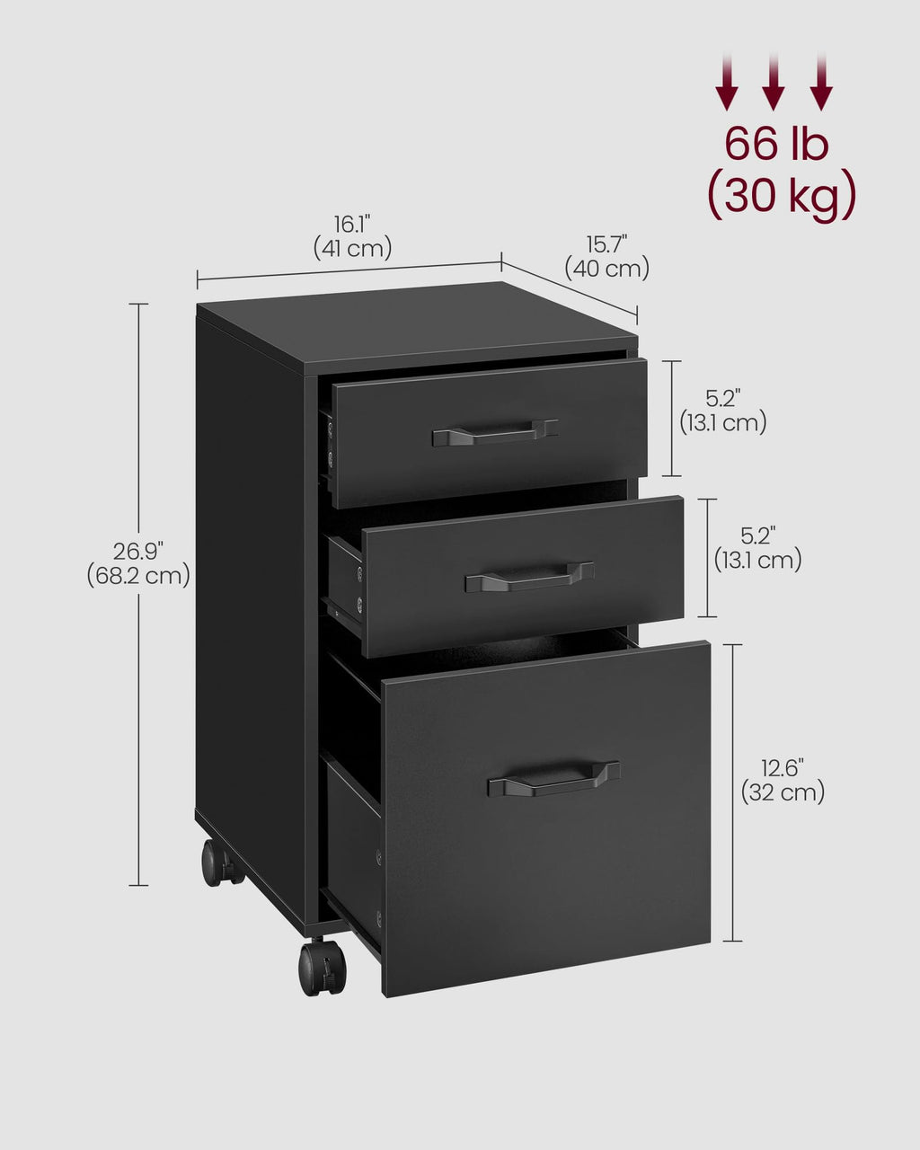 Mobile File Cabinet, 3 Drawers Filing Cabinet with Wheels, for Home Office, for A4, Letter Sized Documents, Adjustable Hanging Rail for File Folders, Ink Black