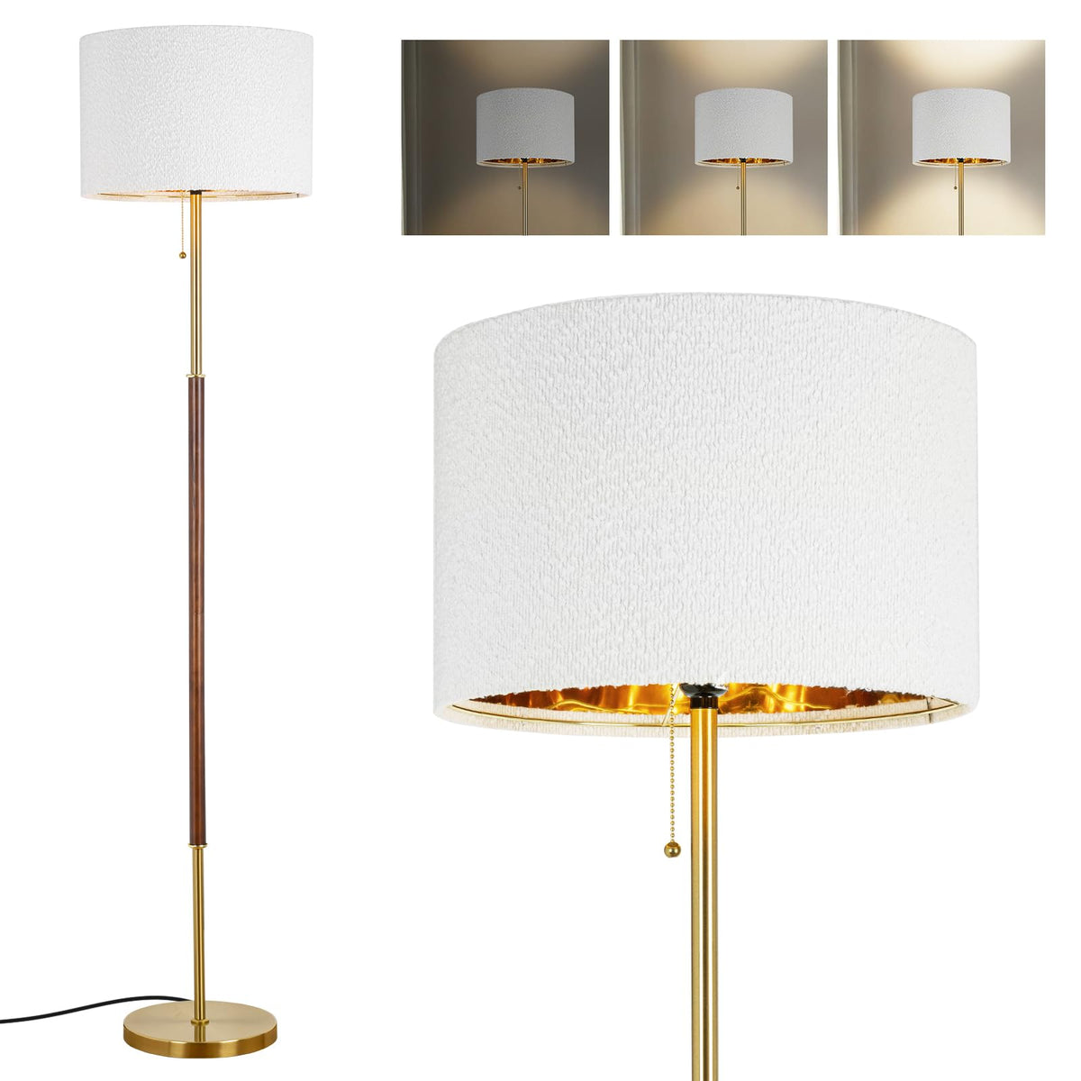 Bedroom Standing Floor Lamp, Farmhouse Lamp with Linen Shade, Gold