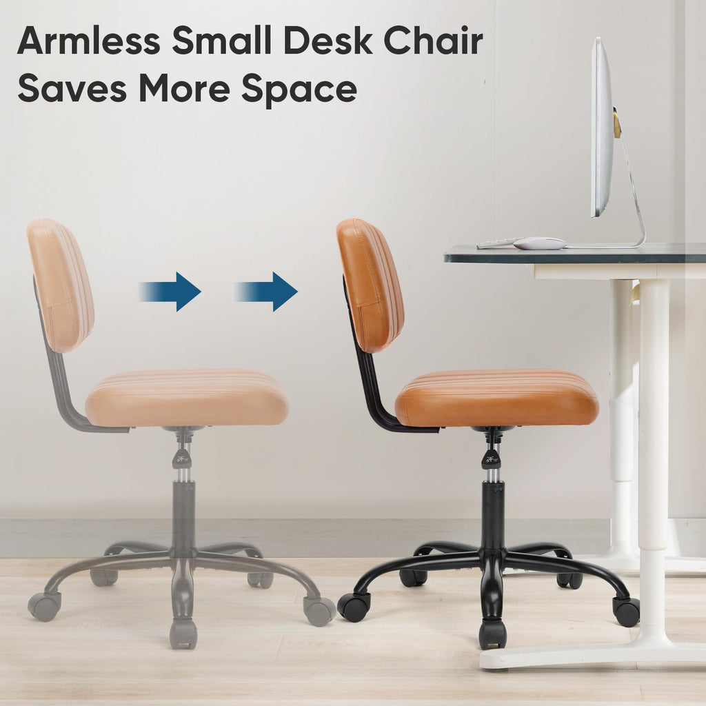 Armless Office Chair: Small Desk Chair with Low Back Lumbar Support, Height Adjustable PU Leather Computer Task with 360° Swivel Wheels, for Adults, Brown