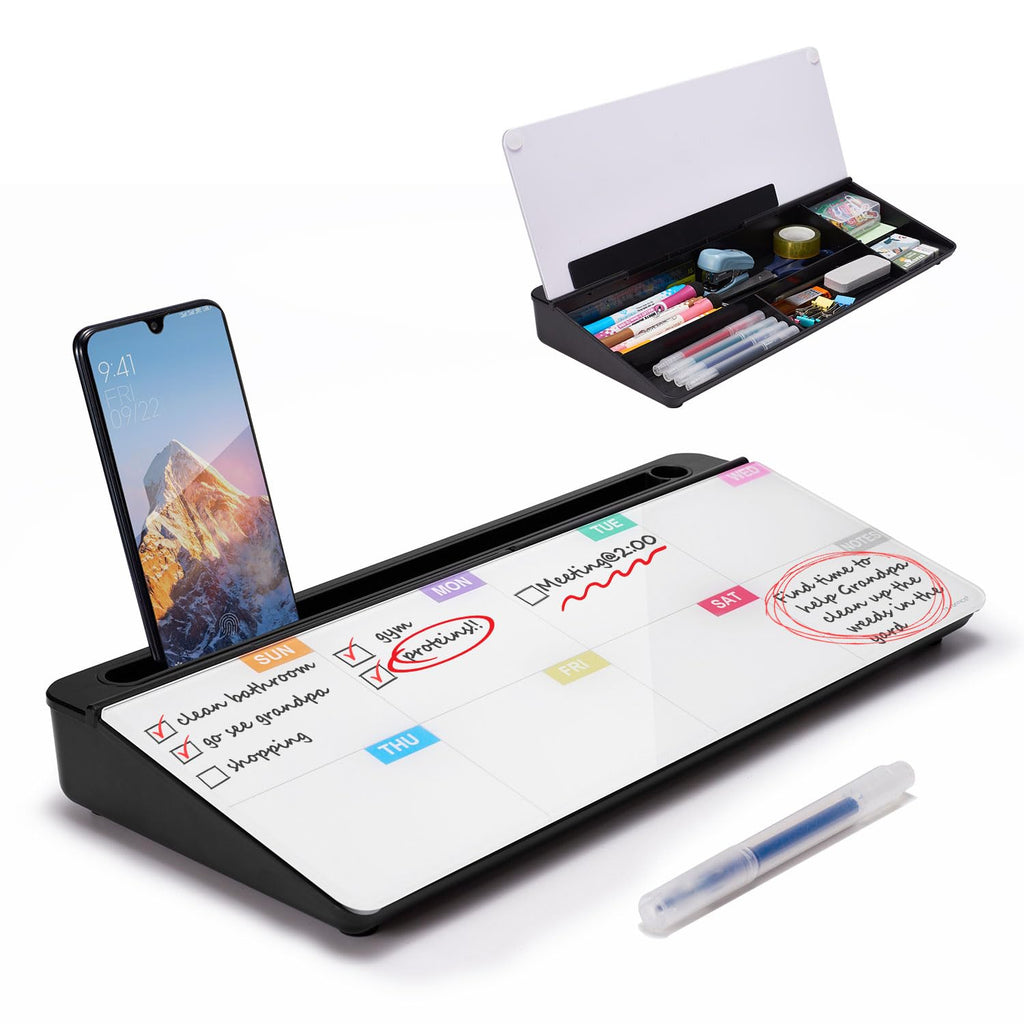 Whiteboard Weekly Dry-Erase-Board - Desktop White Board Calendar Desk Organizers with Accessories Computer Keyboard Stand with Drawer, for Office, Home, School Supplies - Black Calendar