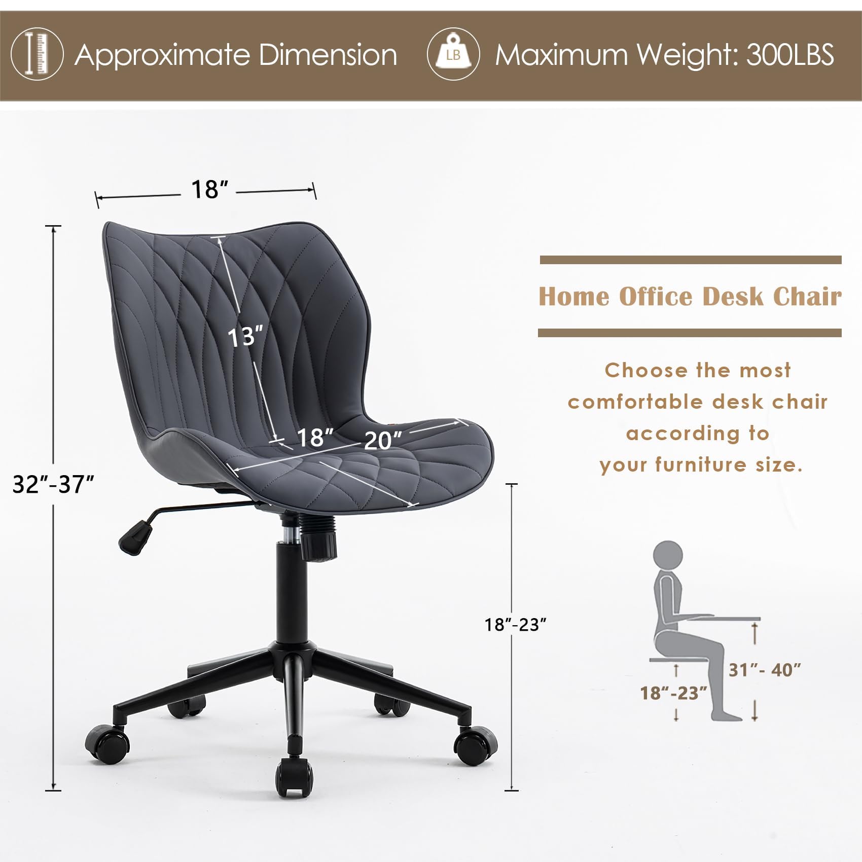 Armless Desk Chair Comfy Office Chair with Wheels HomeTask Chair Adjustable Computer Chairs Modern PU Leather Swivel Chairs Upholstered Makeup Vanity Chair(Grayish Purple)
