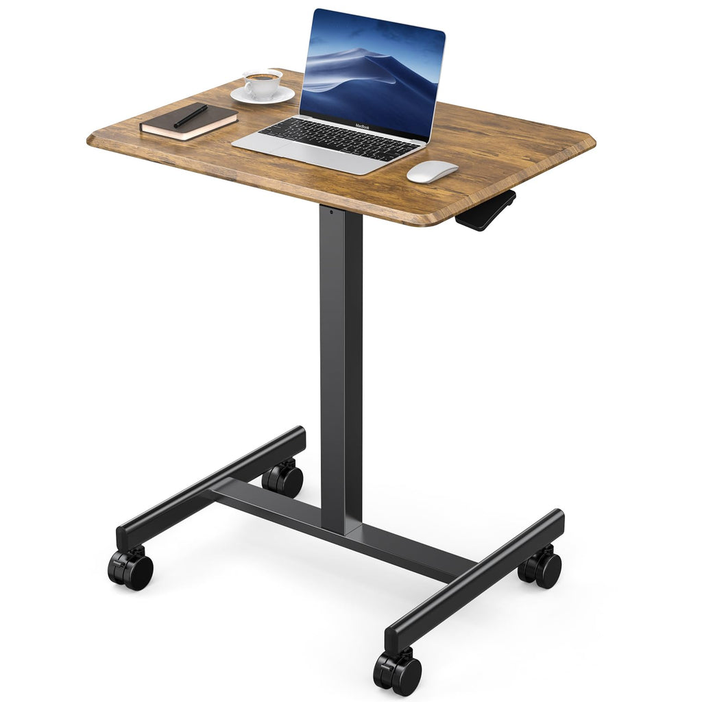Mobile Small Standing Desk, Portable Rolling Laptop Desk with 2 Lockable Wheels, Adjustable Height Computer Workstation for Home Office, 19 Inch Brown
