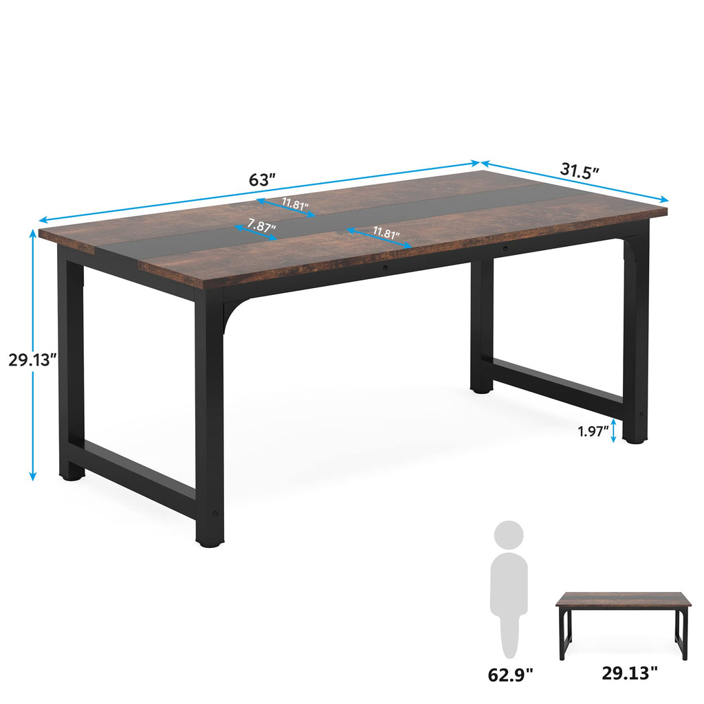 63” Executive Desk, Large Office Computer Desk with Thicken Frame, Modern Simple Workstation Business Furniture for Home Office, Vintage Brown/Black