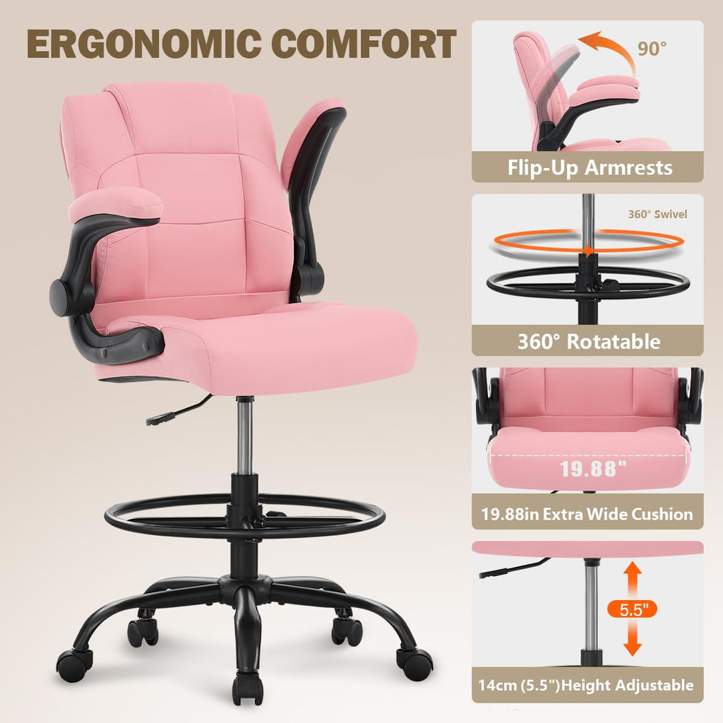 Ergonomic Drafting Chair,Tall Office Chair for Standing Desk with Flip-Up Armrests,Adjustable Foot Ring & Height, High Leather Executive Office Chair for Home,Drawing or Counter Height Use