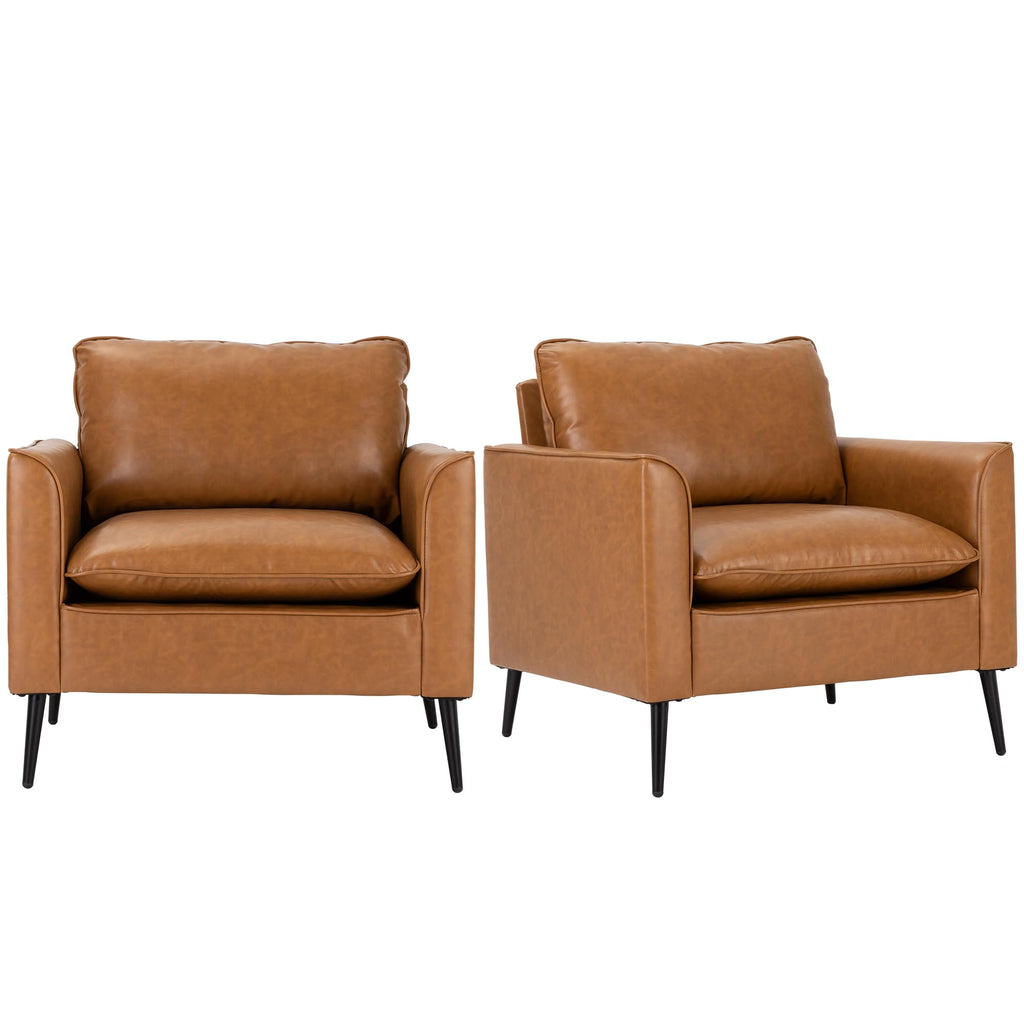 Modern Leather Chair Set of 2, Oversized Armchair for Living Room, Mid-Century Accent Reading Chair for Bedroom Comfy, Upholstered Single Sofa for Waiting Room.