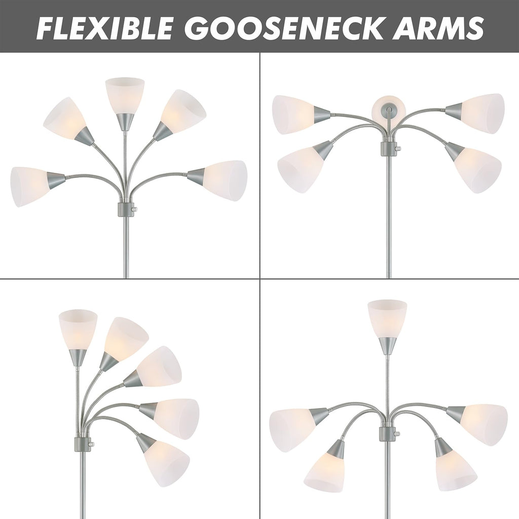 Medusa Modern Decor Floor Lamp, Multi Head Adjustable Gooseneck Bright Light Lamp for Reading, White Shades Tall Standing Tree Floor Lamp for Living Room Bedroom Office Kids Classroom, Silver