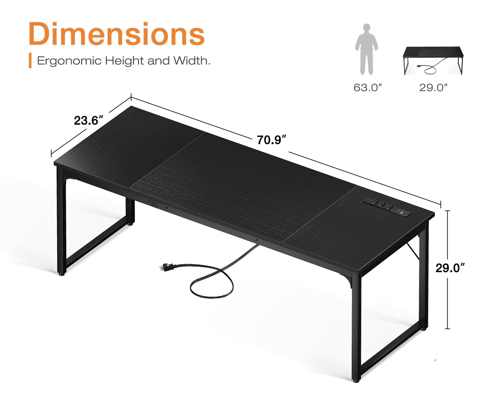 71 Inch Computer Desk with USB Ports, Large Office Desk, Long Study Student Writing Desk, Black