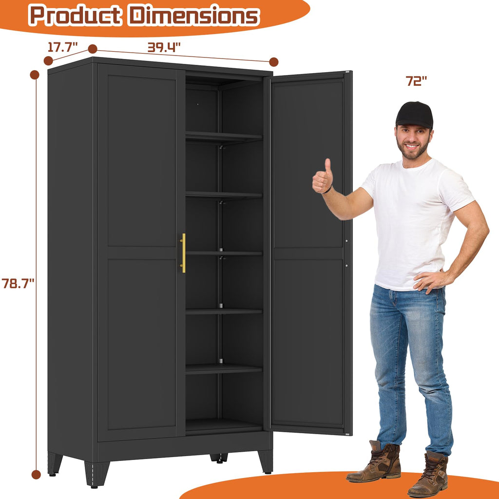 Black Metal Storage Cabinet, 79" Pantry Cabinets for Office