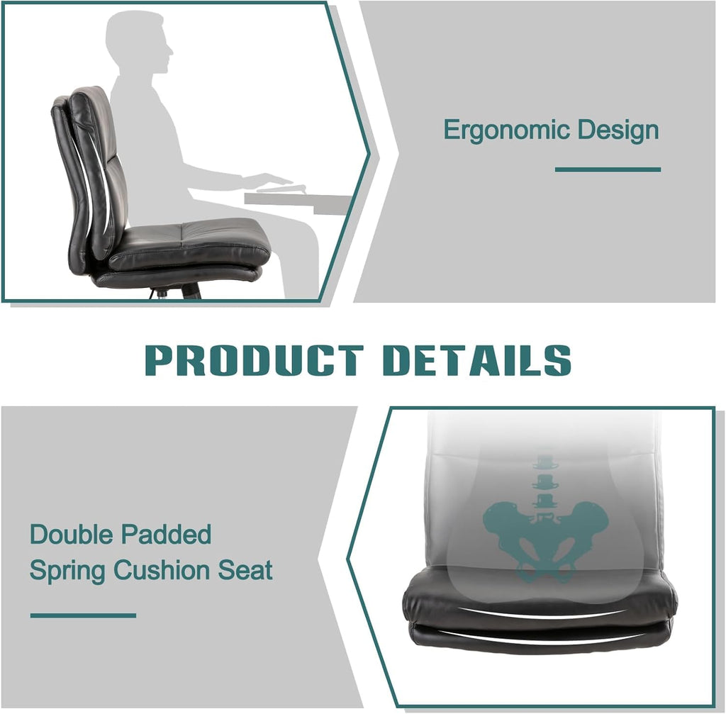 Armless Office Desk Chair with Wheels, Mid-Back Criss Cross Swivel Task Chair, Height Adjustable Cushioned Vanity Chair, Double Padded PU-Leather Chairs for Home, Office & Bedroom (Black)