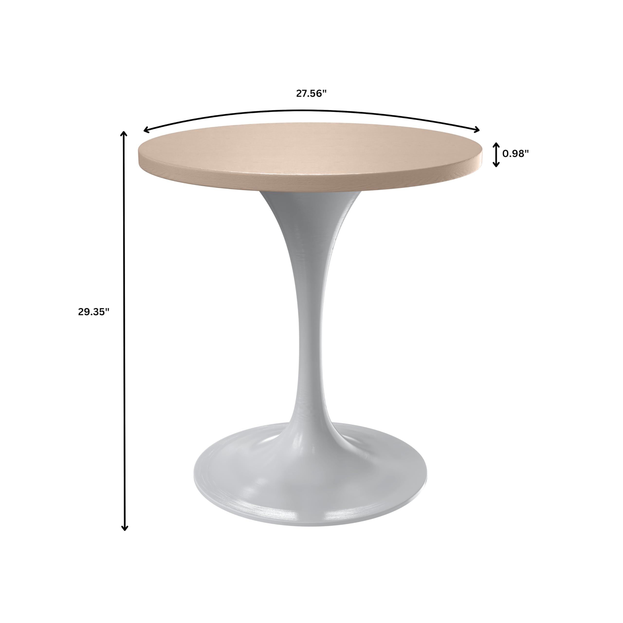 LeisureMod Verve Mid-Century Modern 27 Inch Round Dining Table, MDF Wood Tabletop with White Steel Pedestal Base, Contemporary Kitchen & Dining Room, Small Space Breakfast Table, Light Natural Wood