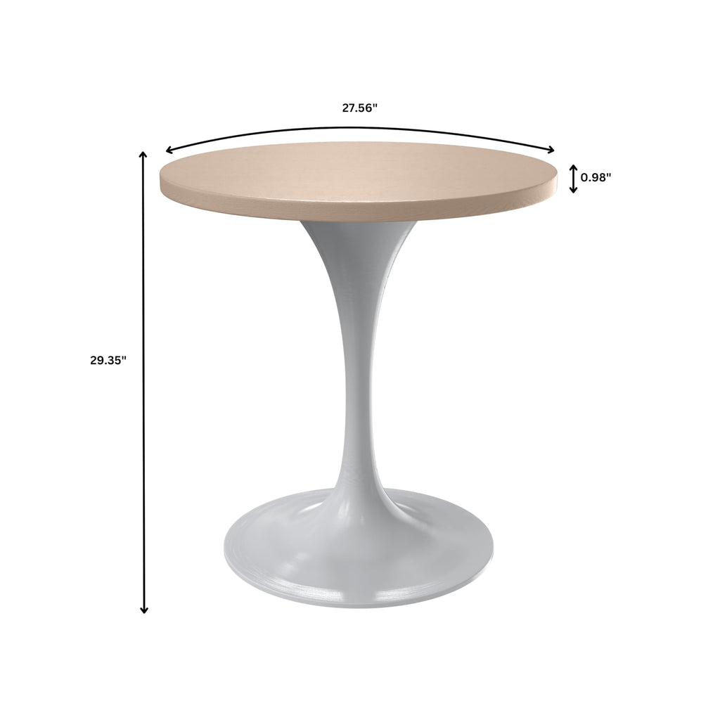 LeisureMod Verve Mid-Century Modern 27 Inch Round Dining Table, MDF Wood Tabletop with White Steel Pedestal Base, Contemporary Kitchen & Dining Room, Small Space Breakfast Table, Light Natural Wood