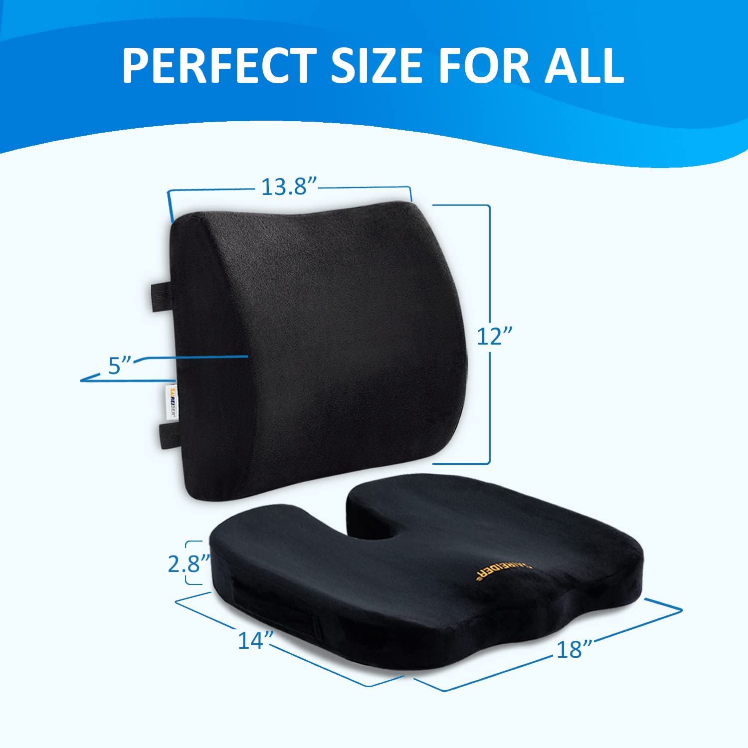 Seat Cushion and Lumbar Support Pillow for Office Chair, Memory Foam Car Seat Cushions Back Support Pillows, Help Relieve Pain of Back, Lumbar, Tailbone and Sciatic Nerve（Black）