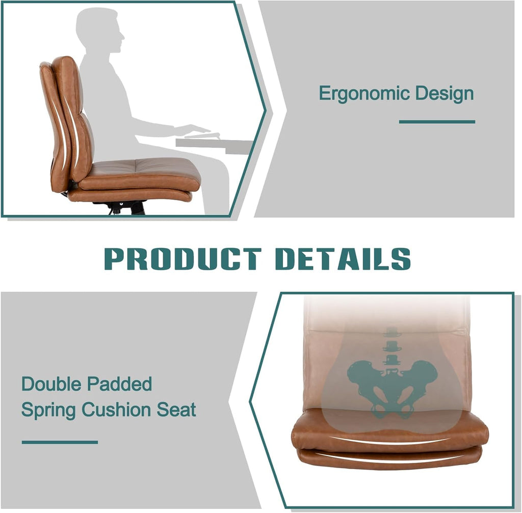 Armless Office Desk Chair with Wheels, Mid-Back Criss Cross Swivel Task Chair, Height Adjustable Cushioned Vanity Chair, Double Padded PU-Leather Chairs for Home, Office & Bedroom (Brown)