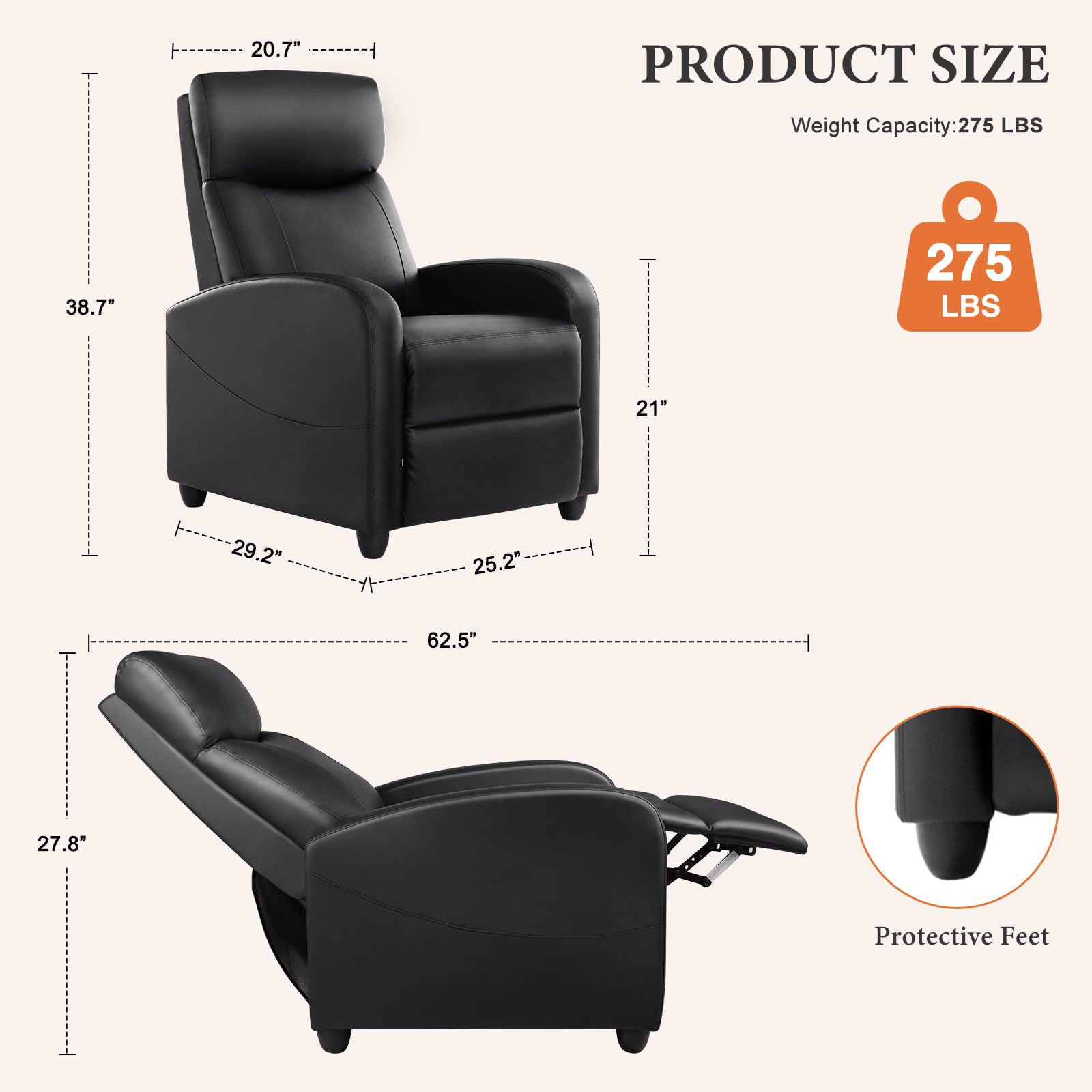 Massage Recliner Chair for Adults, Adjustable Home Theater Seating with Lumbar Support for Living Room, Modern Fabric Reclining for Small Space, Black