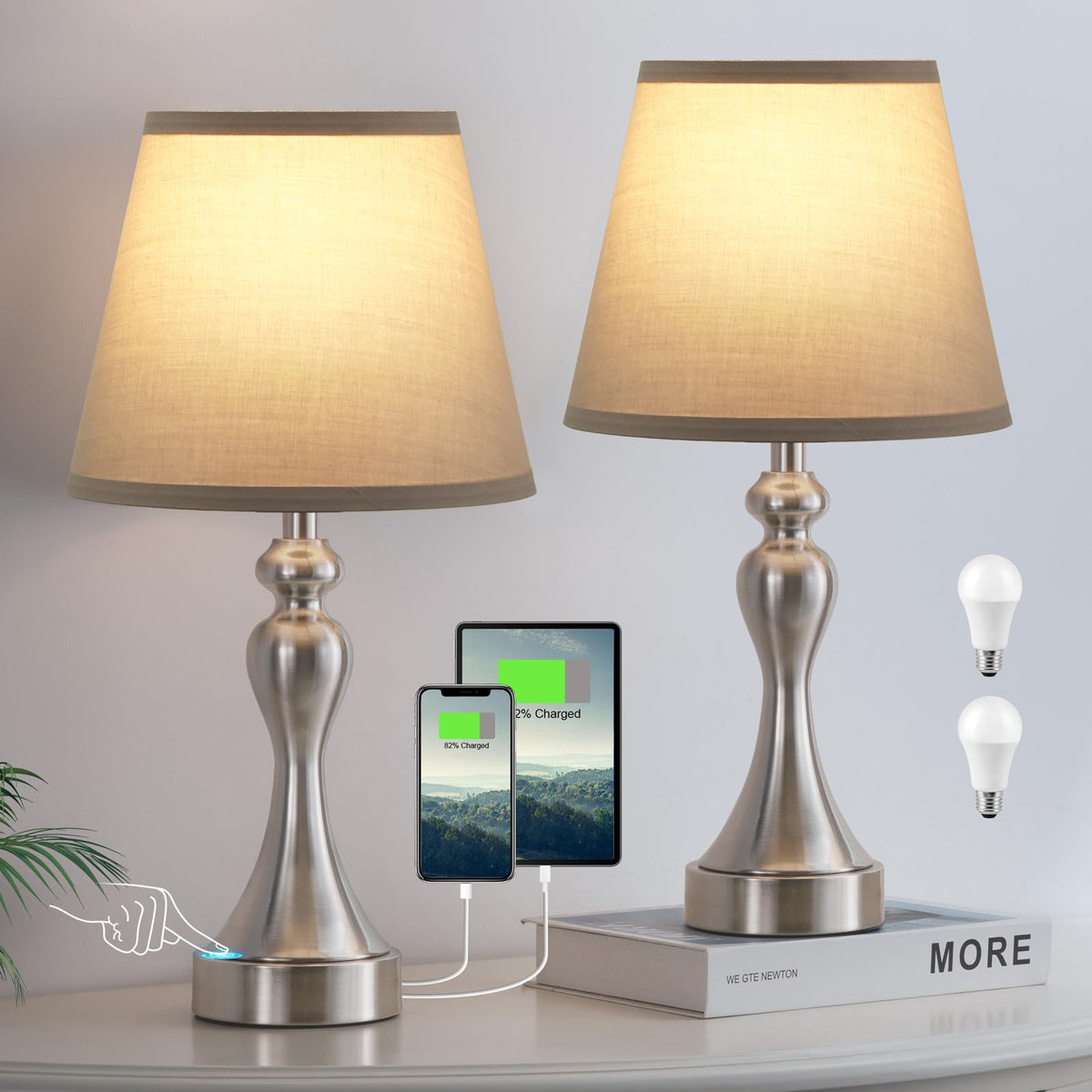 Touch Lamps for Nightstand, 3 Way Dimmable Bedside Lamps with USB C+A Ports