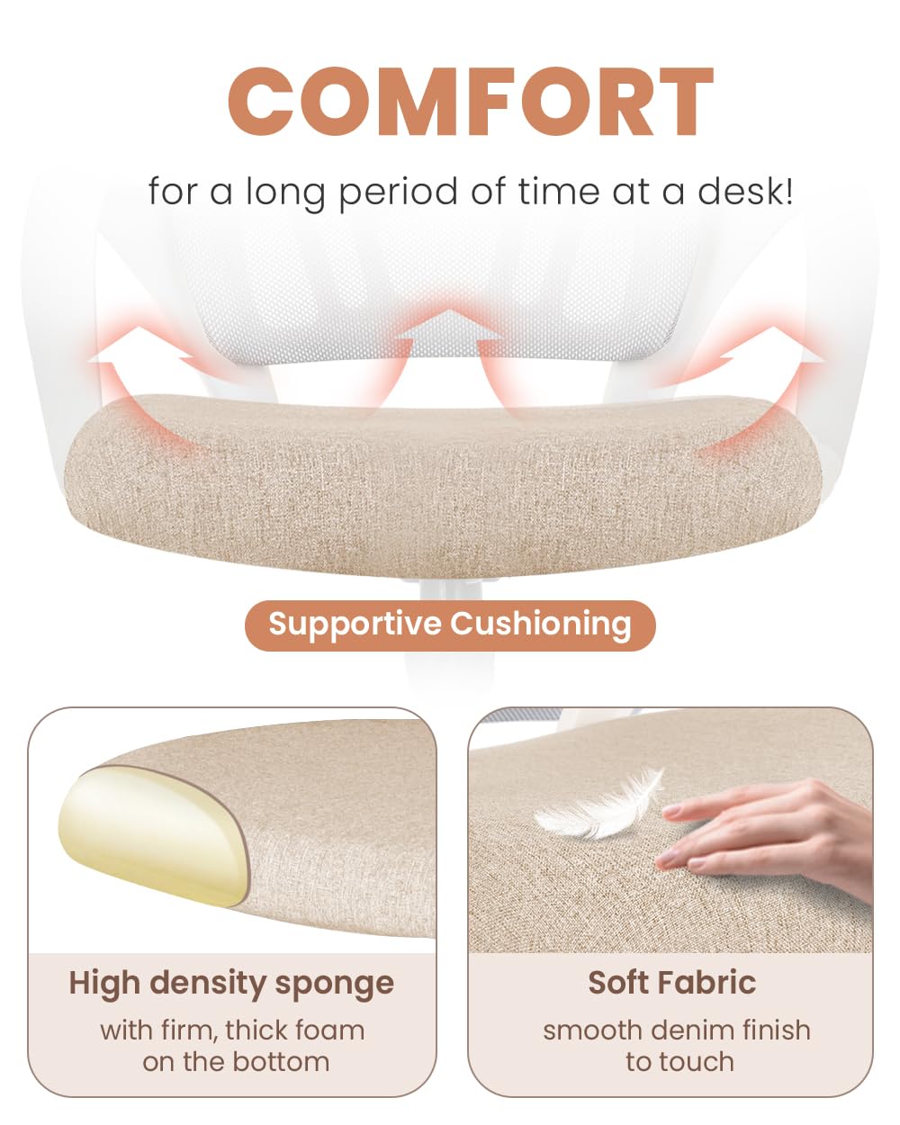 Office Desk Computer Chair Ergonomic Mesh Gaming Cushion Seat with Comfy Lumbar Mid Back Support Adjustable Height Swivel Rolling Wheels for Home Task (Beige)