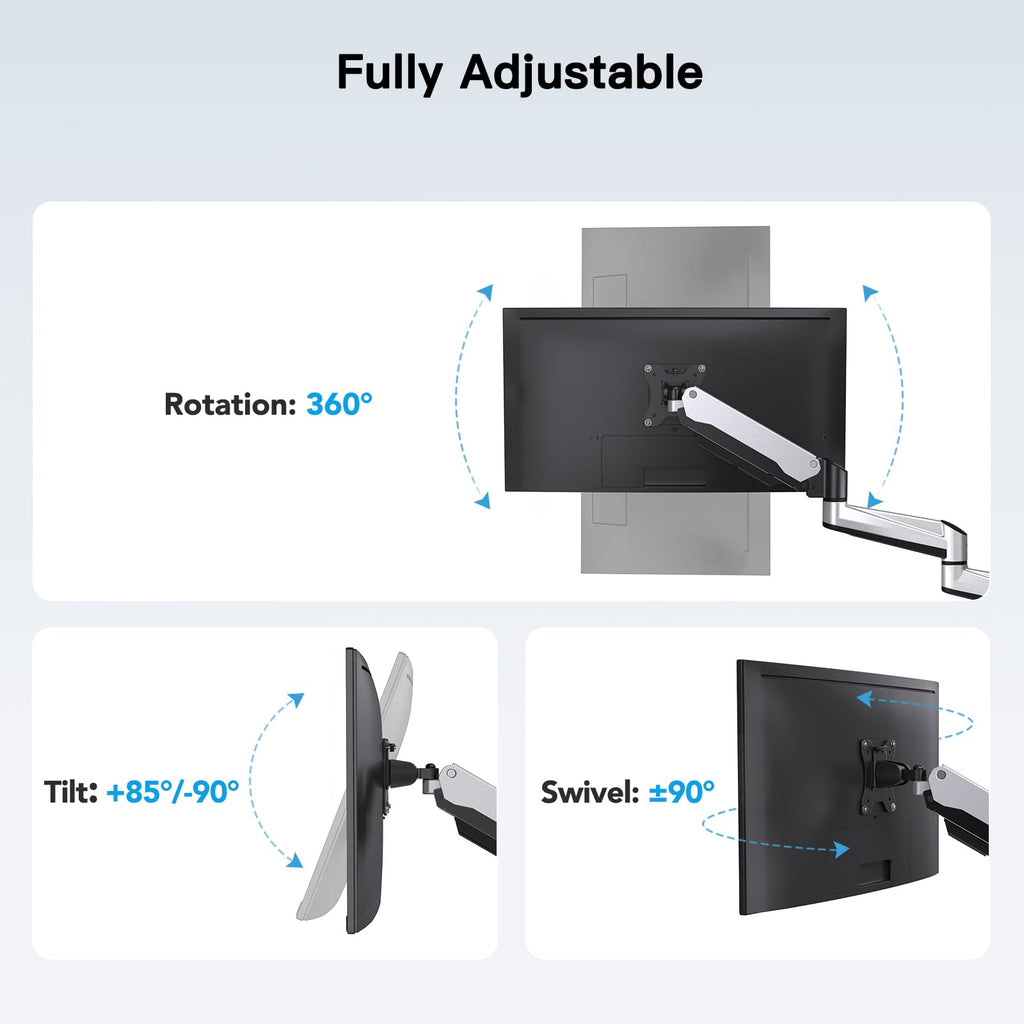 Gaming Triple Monitor Stand, Full Motion Articulating Triple Monitor Mount Fit 17 to 32 inch Flat/Curved LCD Computer Screens with Clamp, Grommet Kit, Silver