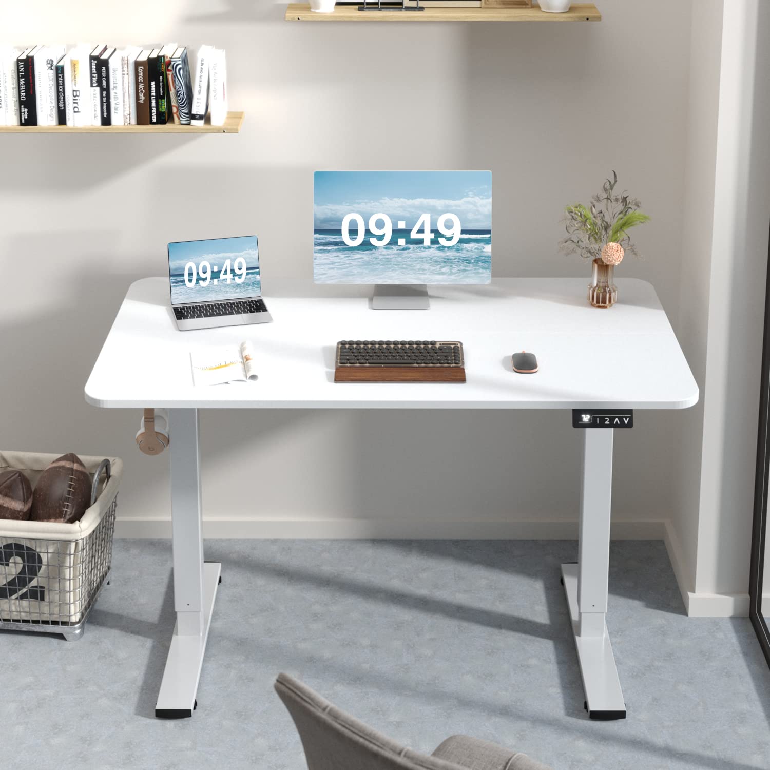 Electric Height Adjustable Standing Desk Large 48 x 24 Inches Sit Stand up Desk Home Office Computer Desk Memory Preset with T-Shaped Metal Bracket, White