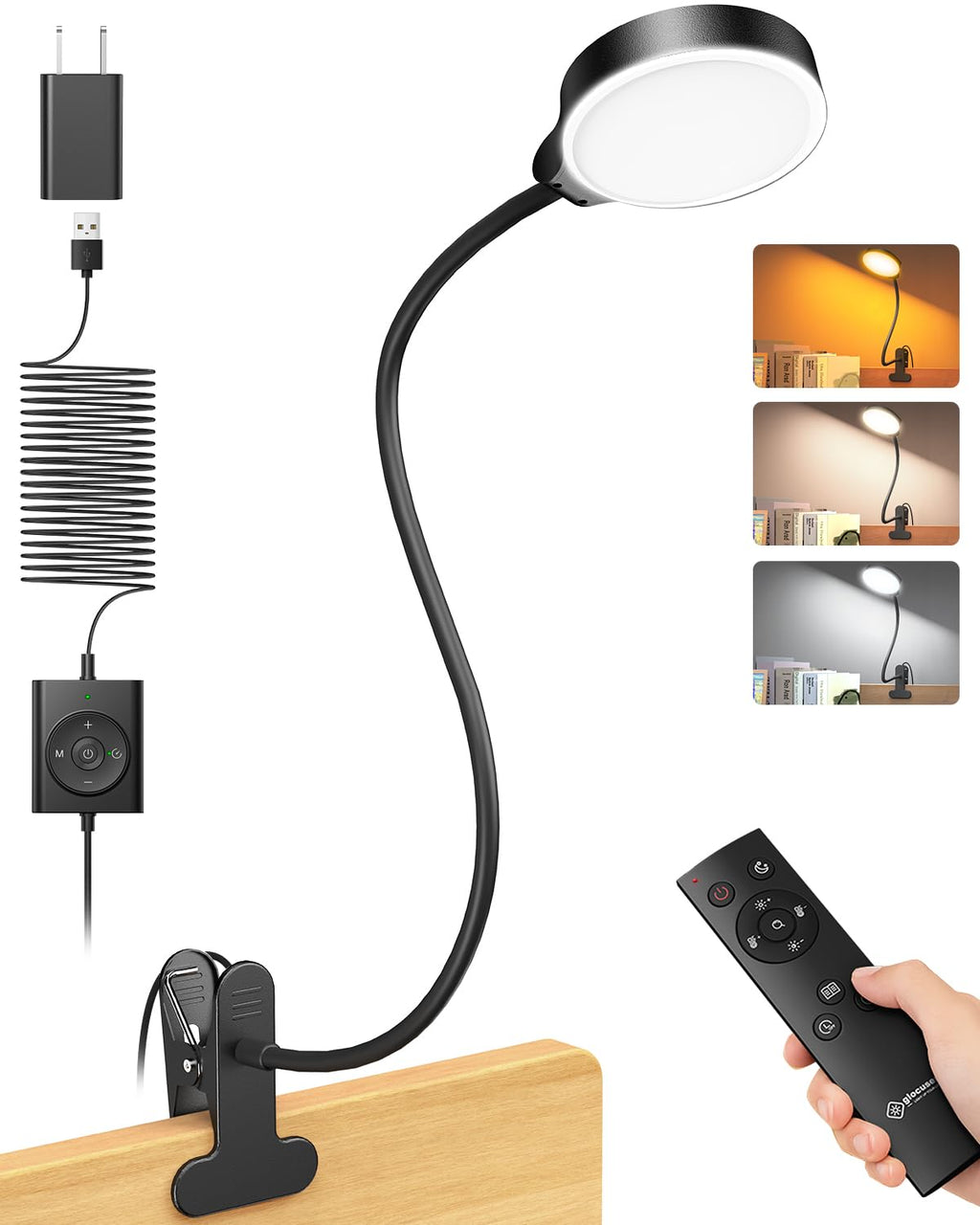 5W Desk Lamp with Remote, 3 Colors & 5 Brightness Reading Lights