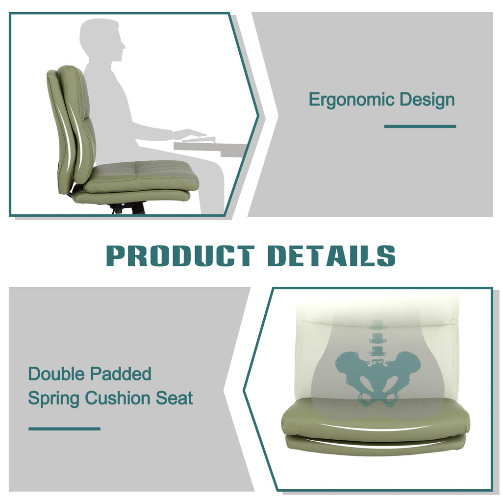 Armless Office Desk Chair with Wheels, Mid-Back Criss Cross Swivel Task Chair, Height Adjustable Cushioned Vanity Chair, Double Padded PU-Leather Chairs for Home, Office & Bedroom (Green)