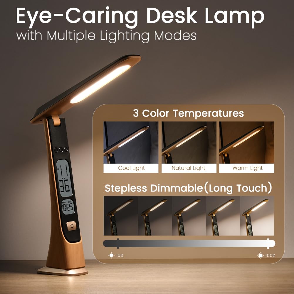 Rechargeable Lamps Cordless Table Lamp, Foldable Portable Desk Lamp - LED Battery Operated Lights with Stepless Brightness&Time Display for Office Lamp, Book Lights, College Dorm Essentials