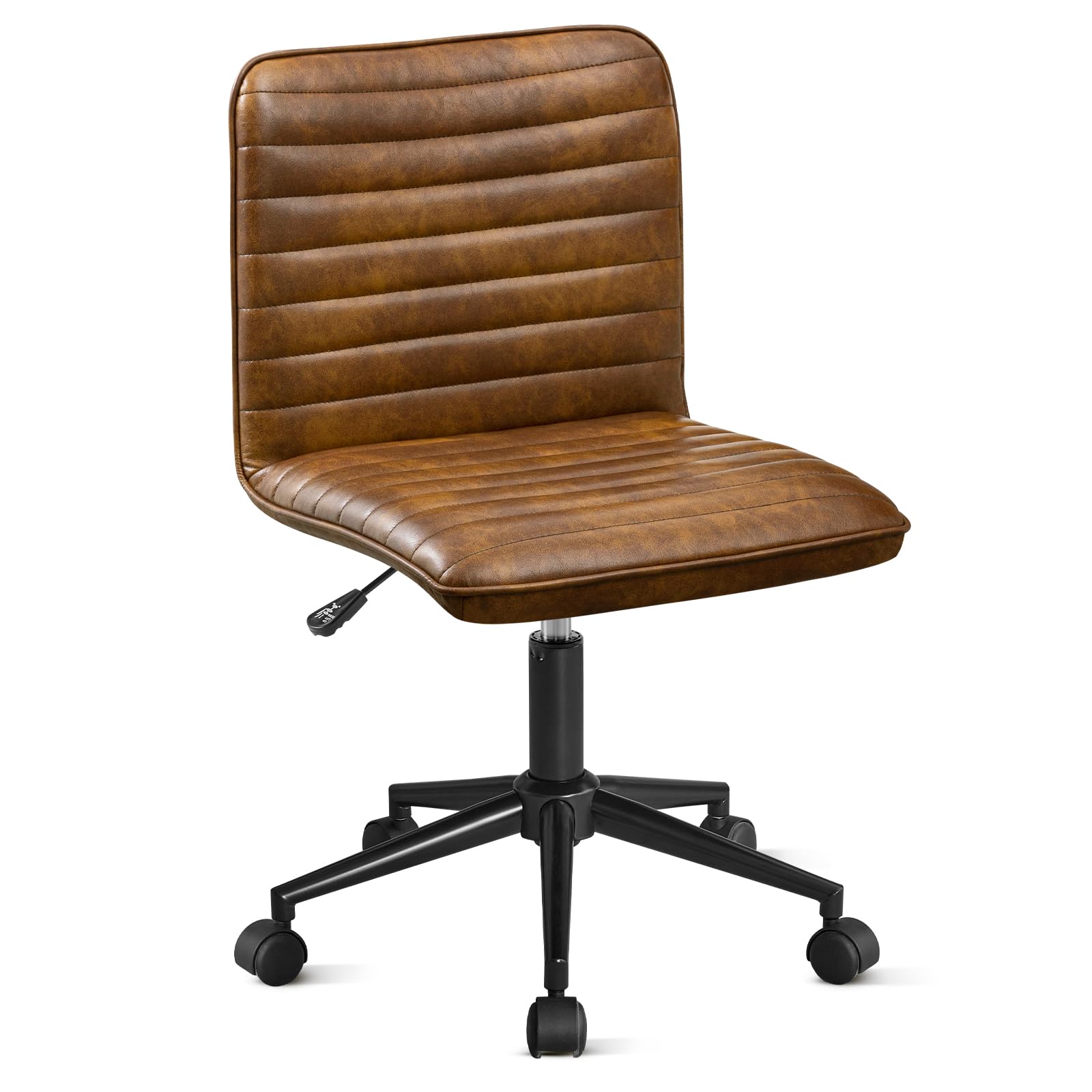 Leather Office Chair with Wheels Armless Vanity Desk Chair 360° Swivel Computer Rolling Chair with Mid Back, Height Adjustable Accent Chairs with Gold Metal Base Stool, PU YellowBrown