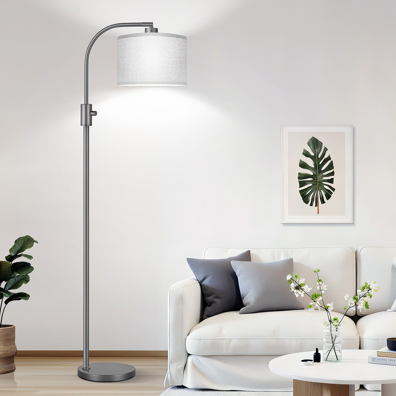 Upgraded Modern Arc Dimmable Tall Standing Floor Lamp with Gray Shade, 1200 Lumens LED Bulb Included, for Living & Reading Room, Bedroom, Office & Nursery, Gray