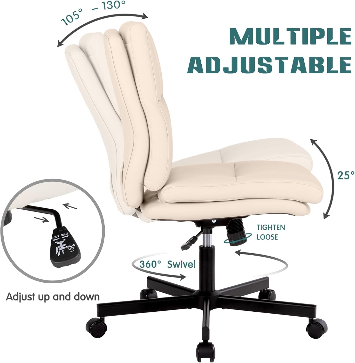 Armless Office Desk Chair with Wheels, Mid-Back Criss Cross Swivel Task Chair, Height Adjustable Cushioned Vanity Chair, Double Padded PU Leather Chair for Home, Office & Bedroom, Beige White