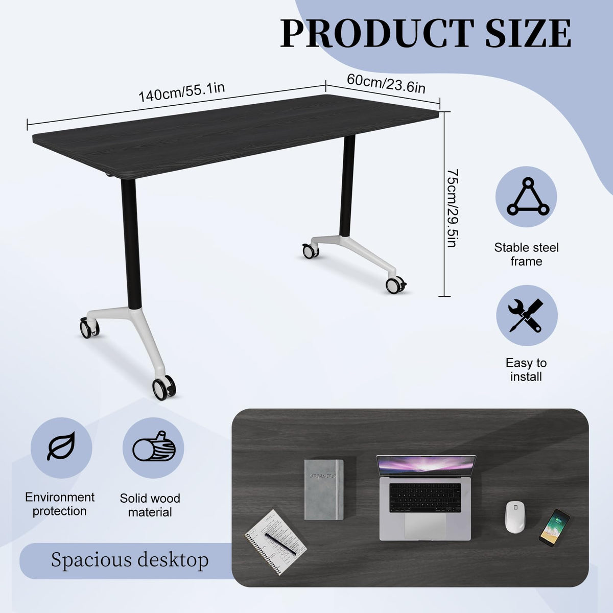 Conference Table, Folding Conference Room Tables, Modern Flip Top Seminar Training Meeting Table with Wheels, Modular Foldable Conference Tables for Home Office Classroom (Black 6 Pack,55.1inch)