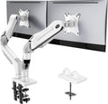 Dual Monitor Stand - Full Adjustable Monitor Desk Mount Swivel Vesa Bracket with C Clamp, Grommet Mounting Base for 13 to 32 Inch Computer Screens - Each Arm Holds 4.4 to 19.8lbs - White