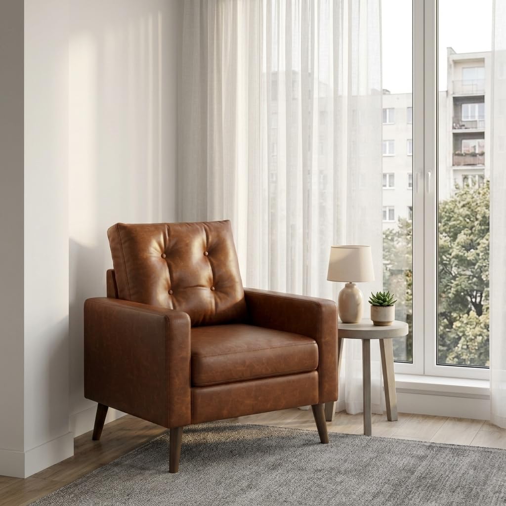 Mid Century Modern Armchair, Button Tufted Faux Leather Accent Chair with Armrests, Upholstered Club Chair for Living Room, Bedroom & Office, Caramel Brown