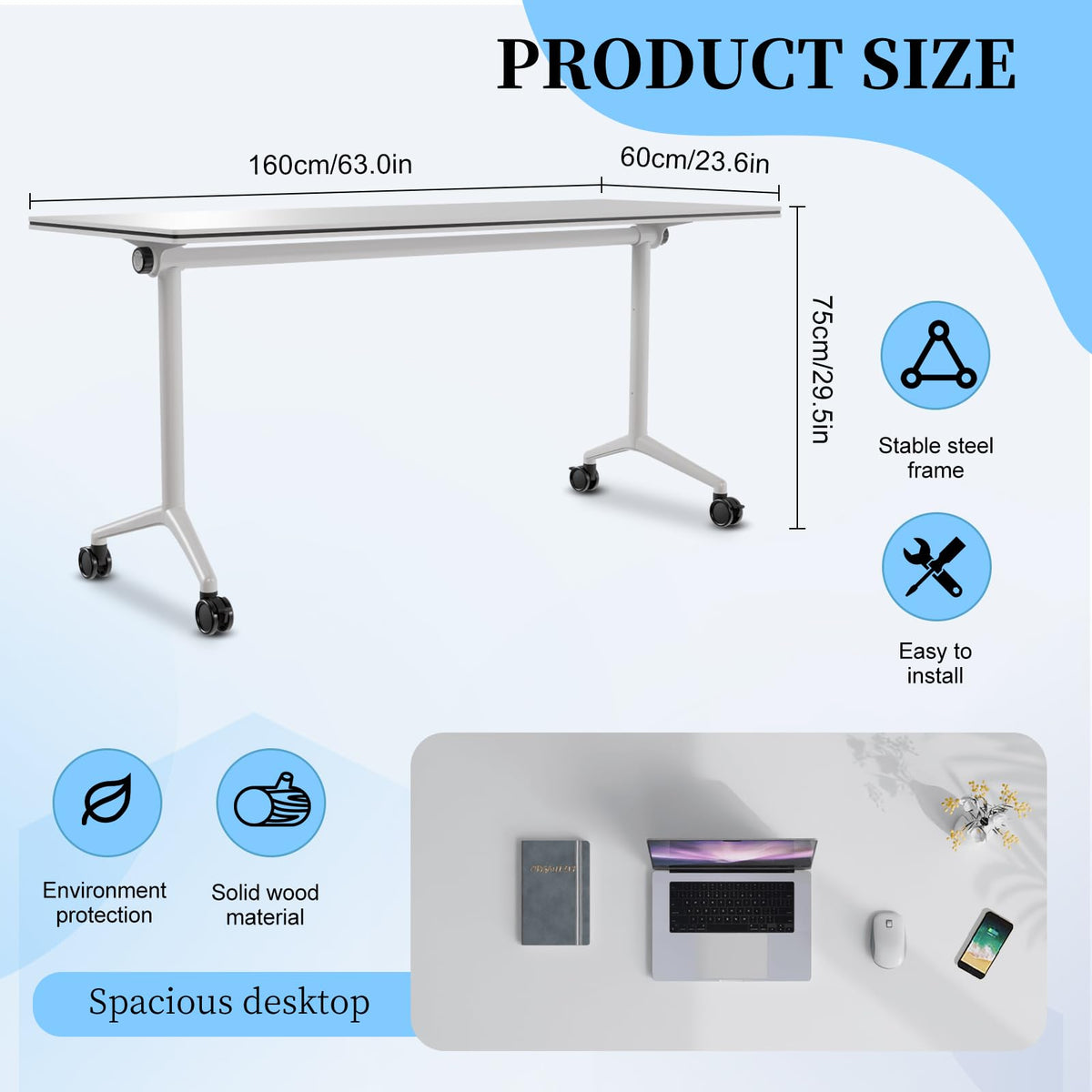 Conference Table, Folding Conference Room Tables, Modern Flip Top Seminar Training Meeting Table with Wheels, Modular Foldable Conference Tables for Home Office Classroom (White 10 Pack,63inch)