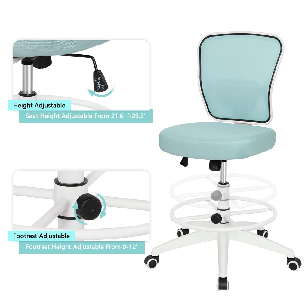 Drafting Chair Adjustable Height Tall Office Chairs Standing Desk Chair Rolling Stool Chair Armless Office Drafting Chair Blue