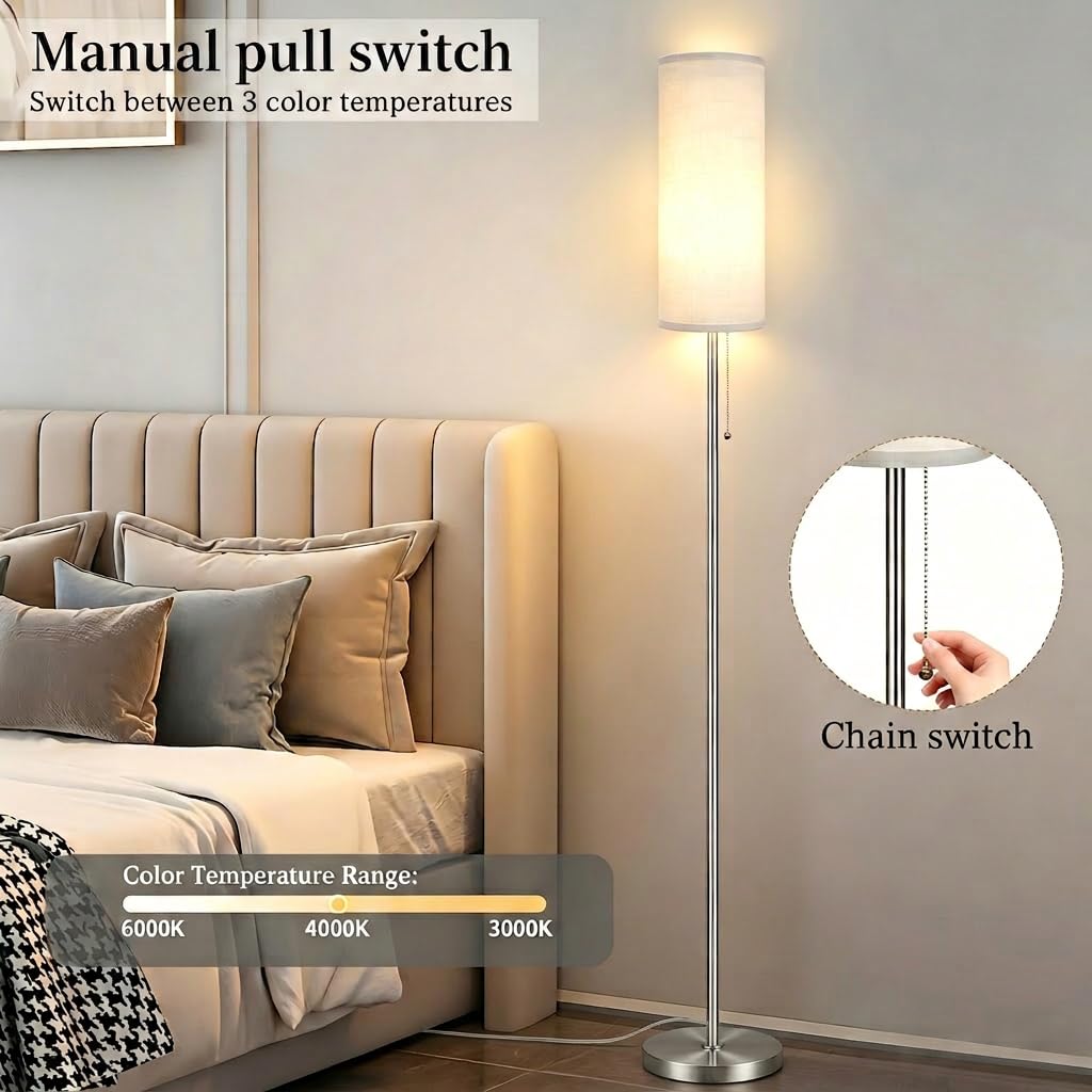 Floor Lamp for Living Room, Modern Standing Lamps with Lampshade, Minimalist Tall Lamp with Chain Switch for Living Room, LED Bulb Included (Nickel Body+Beige Shade)
