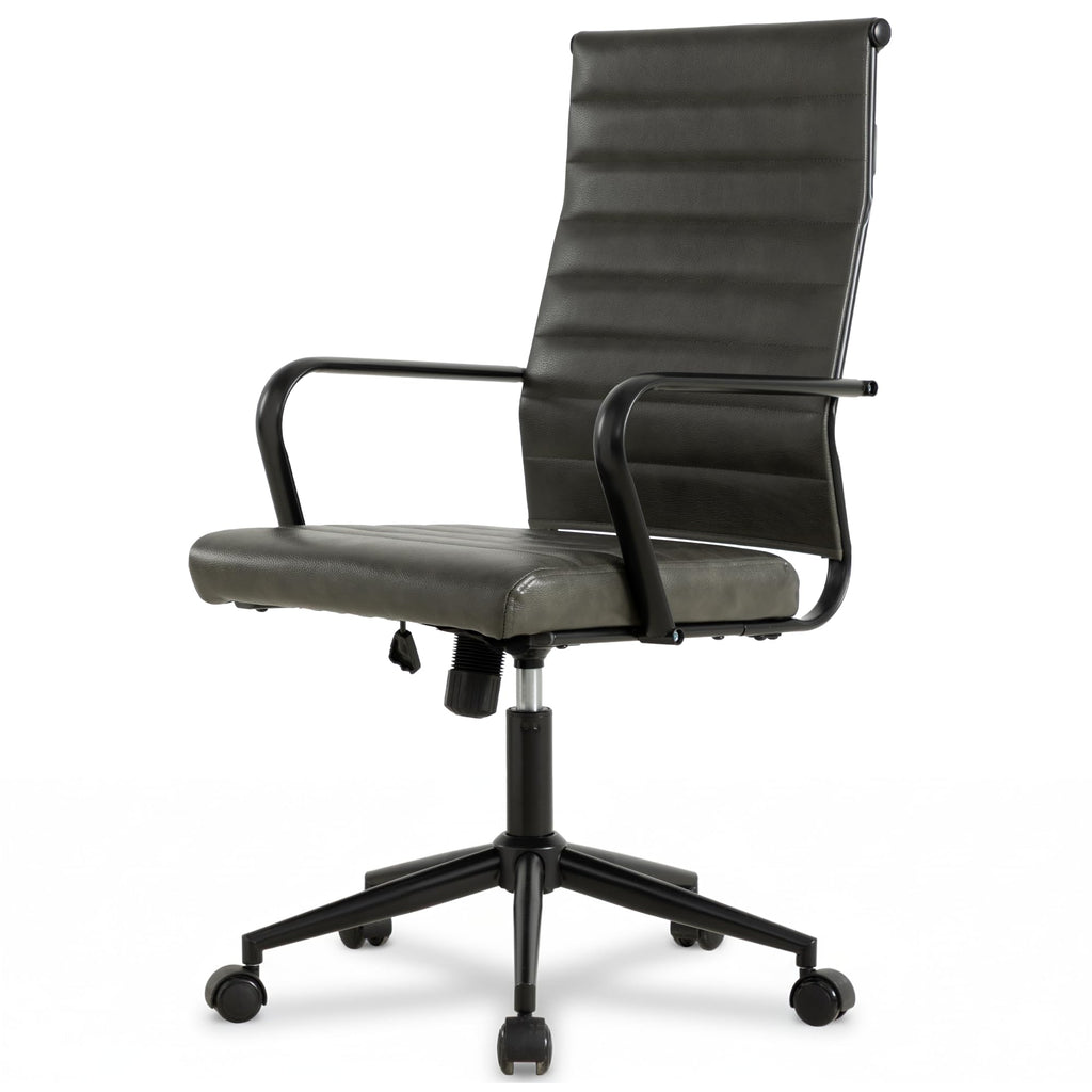 Genuine Leather Office Chair, Mid-Century Modern Real Leather Conference Room Chairs, Ergonomic Executive Ribbed Height Adjustable Swivel Rolling Desk Chair for Home Office.