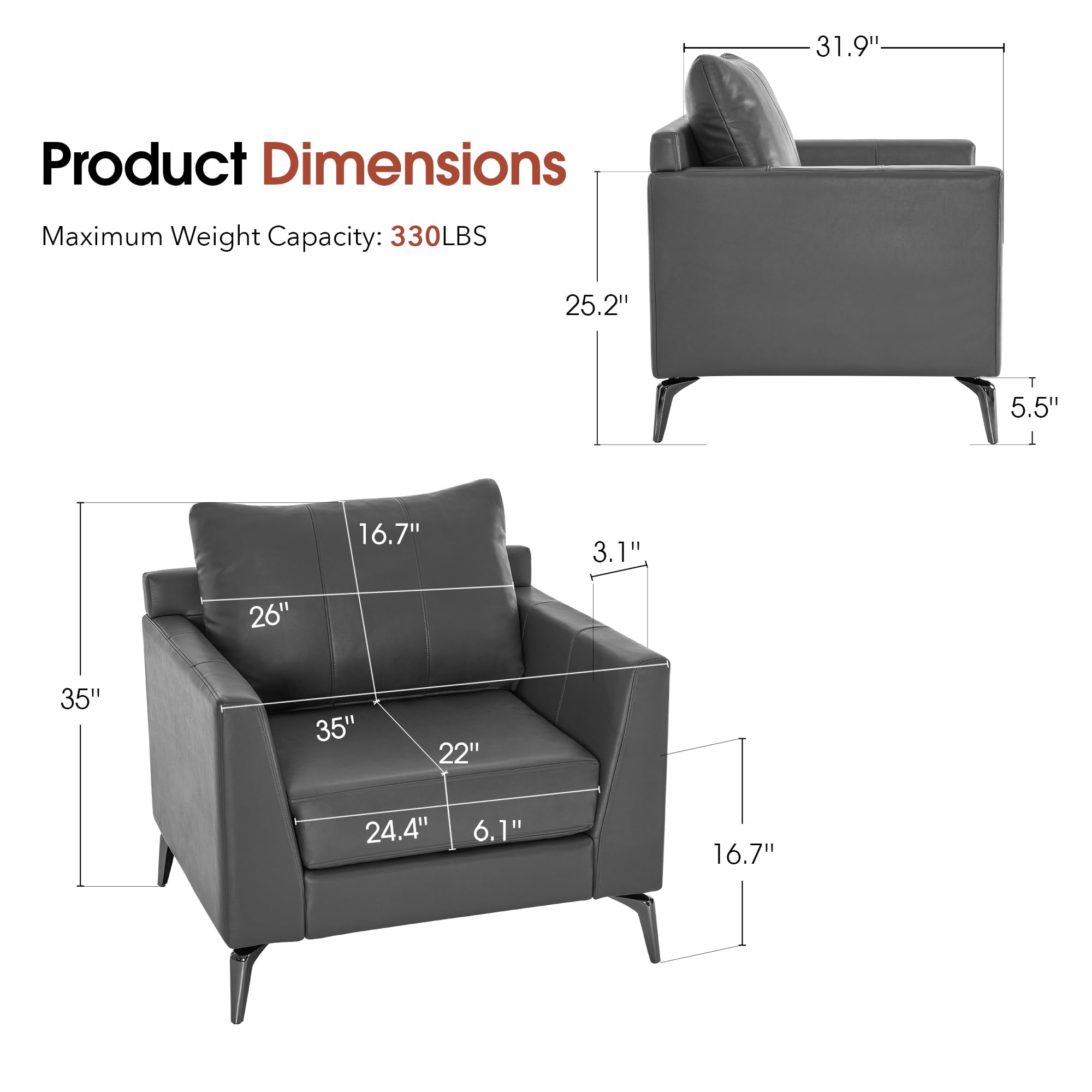 Modern Accent Chair Set of 2, Faux Leather Armchair with Sloped Arms, Comfortable Living Room, Office, Reception, or Waiting Room Seating (2, Grey)