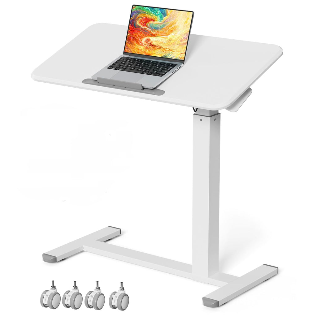 Mobile Standing Desk, Height Adjustable Left/Right Overbed Bedside Table, 90° Tiltable Portable Laptop Desk with Wheels, Foldable Computer Cart for Hospital Home Use, White