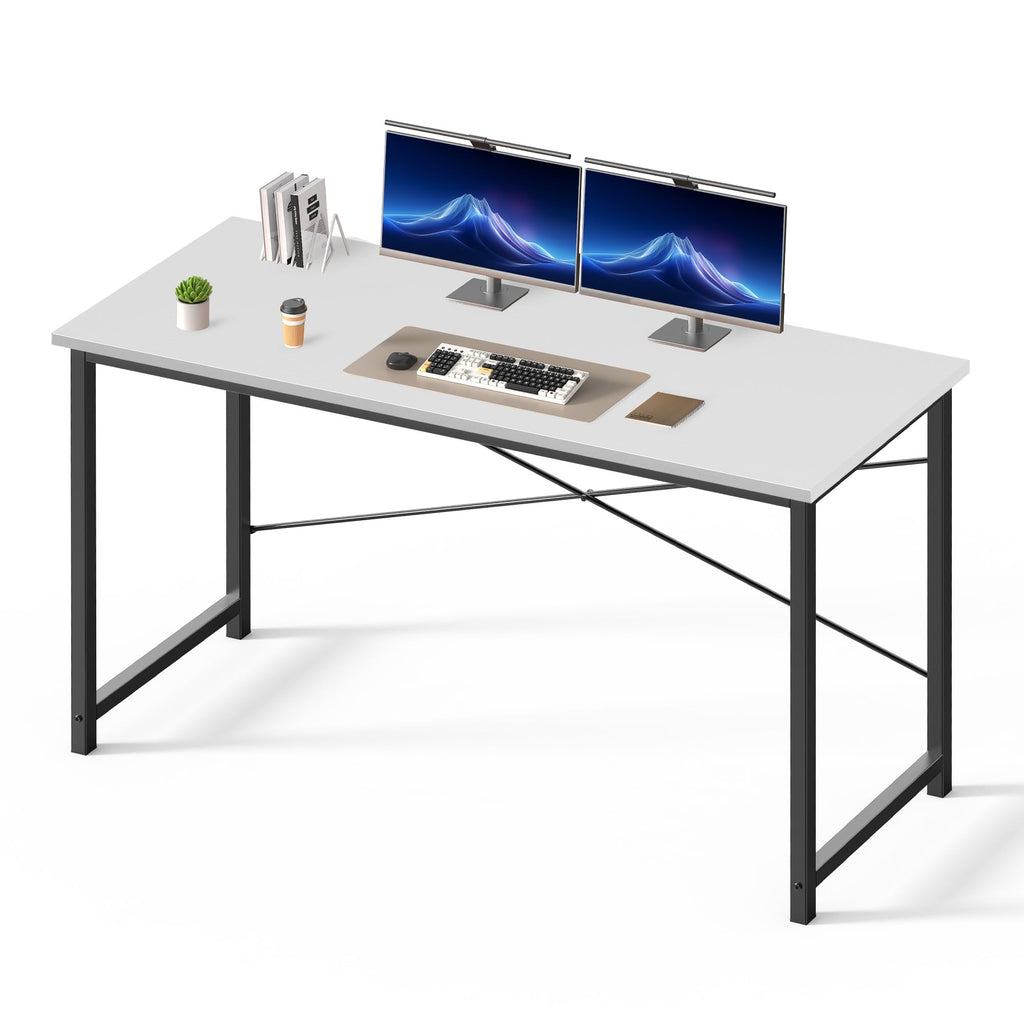 55 Inch Computer Desk for Home Office, Modern Study Work Table Simple Style for Bedroom Small Space, Large Writing Desks with X-Shaped Reinforcement, Wood White