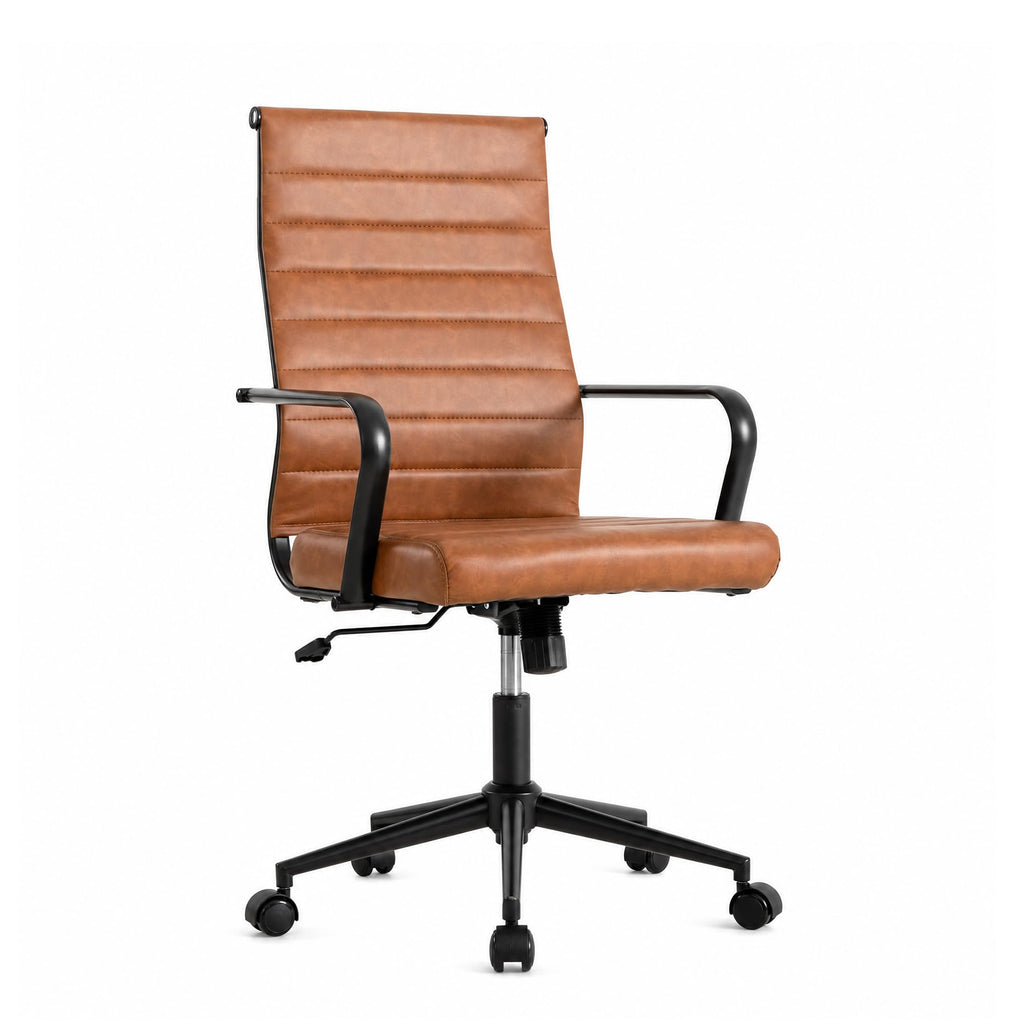Leather Office Desk Chair, Mid-Century Modern Leather Conference Room Chairs, Ergonomic Executive Ribbed Height Adjustable Swivel Rolling Chair for Home Office.