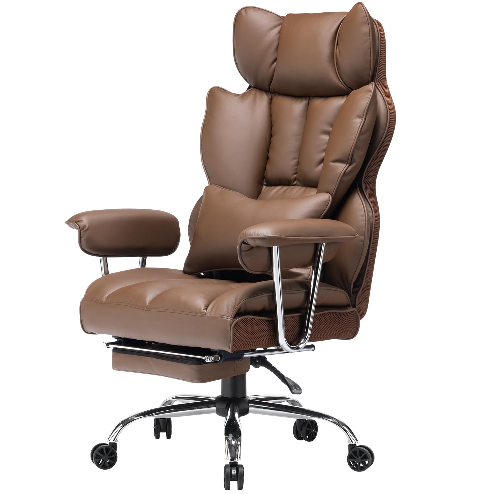 Big and Tall Office Chair 400lbs – High Back Executive Chair with Swivel Base, PU Leather Upholstery, Lumbar Pillow, Padded Armrests, and Rolling Wheels，Brown Computer Chair