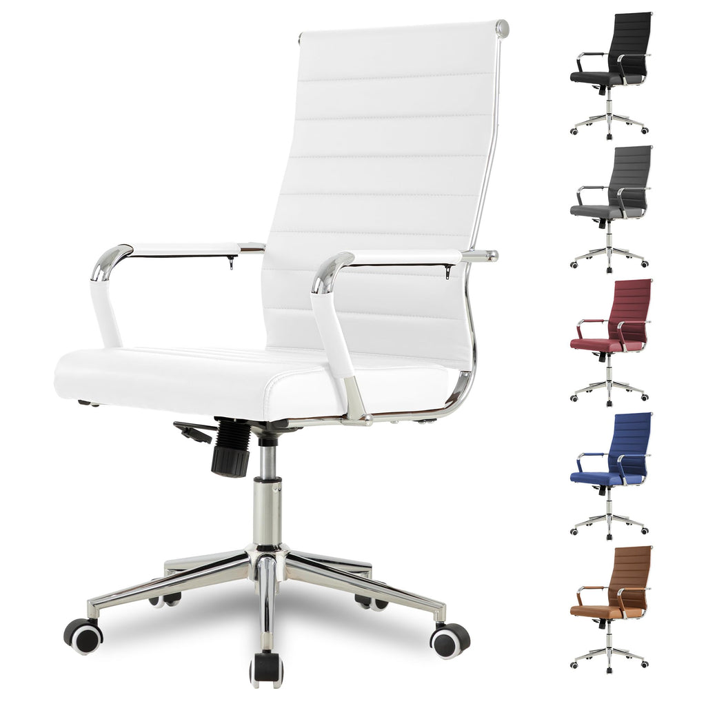 White Office Desk Chair, Ergonomic Leather Modern Conference Room Chairs, Executive Ribbed Height Adjustable Swivel Rolling Chair for Home Office.